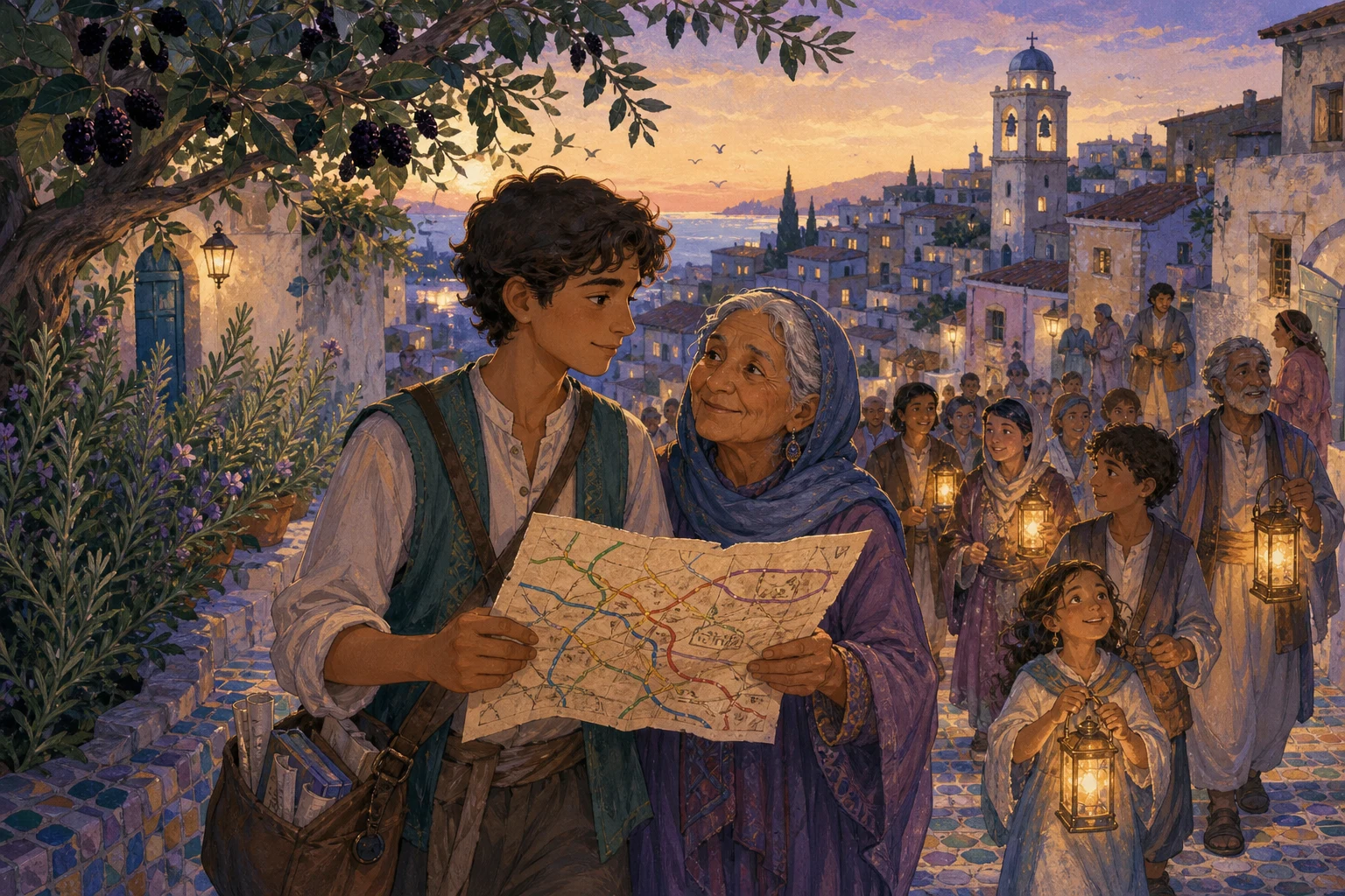 Sami and his grandmother carry a lantern through a hill town as colorful route cards show several paths to the bell tower.