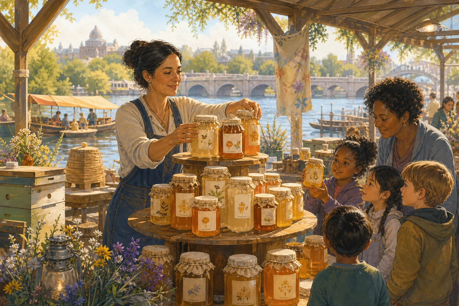 A beekeeper arranges imperfect honey jars on a shared market shelf while a teacher and children look on.