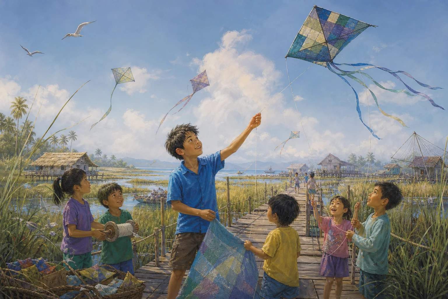 A boy helps younger children fly colorful handmade kites above a coastal marsh.