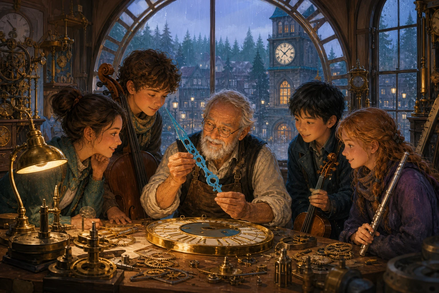 An elderly clockmaker and young musicians build a new clock hand together in a warm workshop.