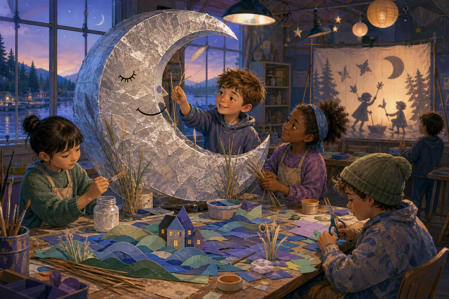 Children repair a silver paper moon together in a warm community arts workshop.