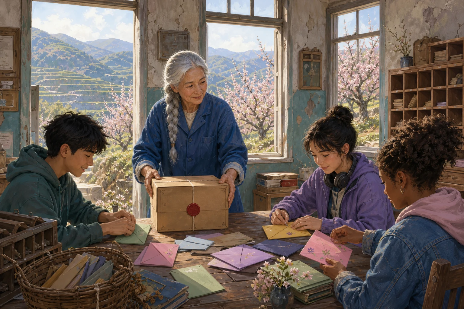 A retired postal sorter and teenagers create a welcoming letter exchange in an old post office beside the orchards.
