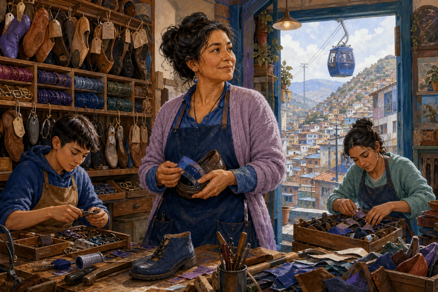 Inez and apprentices organize shared shoe-repair materials in a bright hillside workshop.