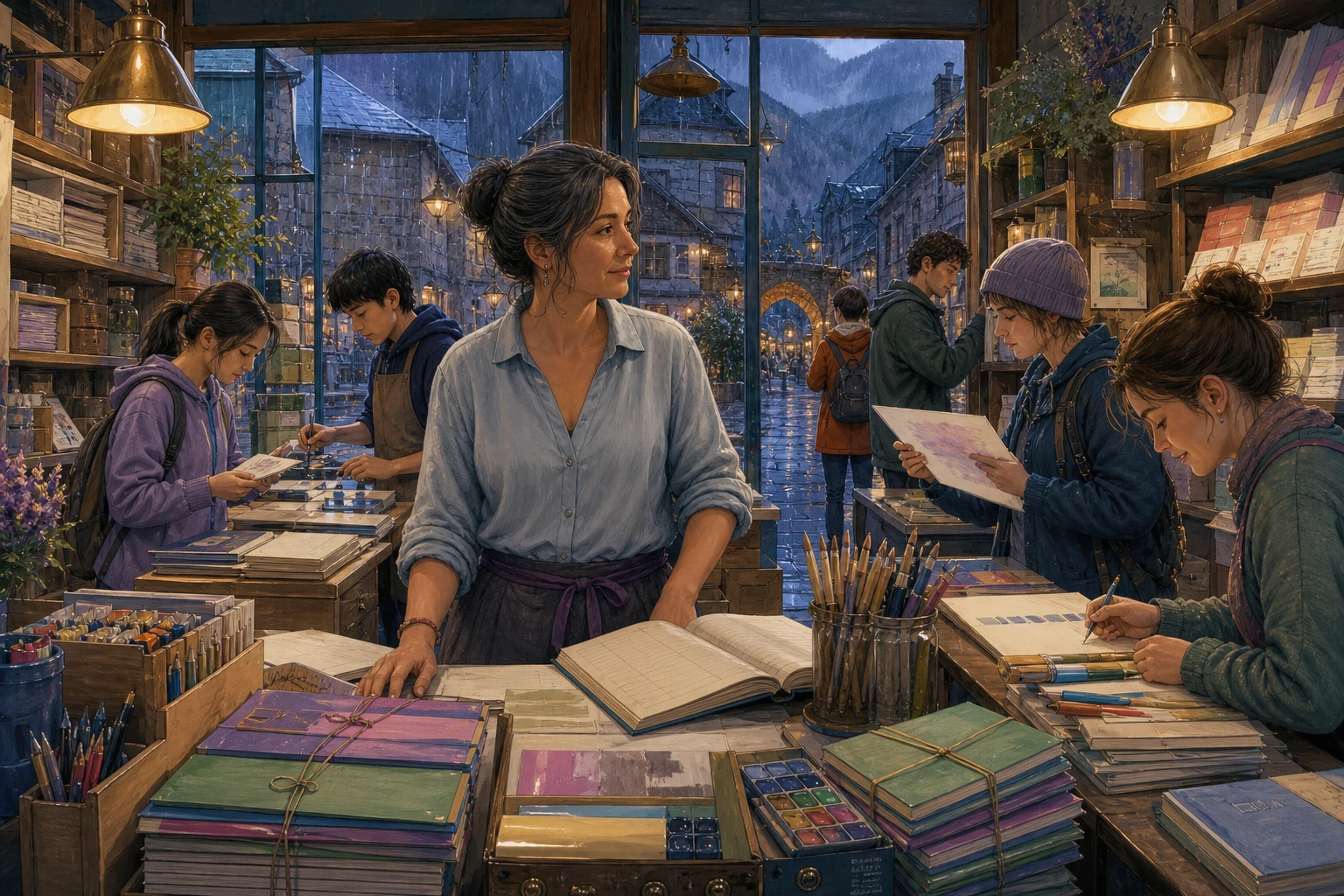 Mara and local makers organize colorful art supplies around an open ledger in a warmly lit mountain stationery shop.