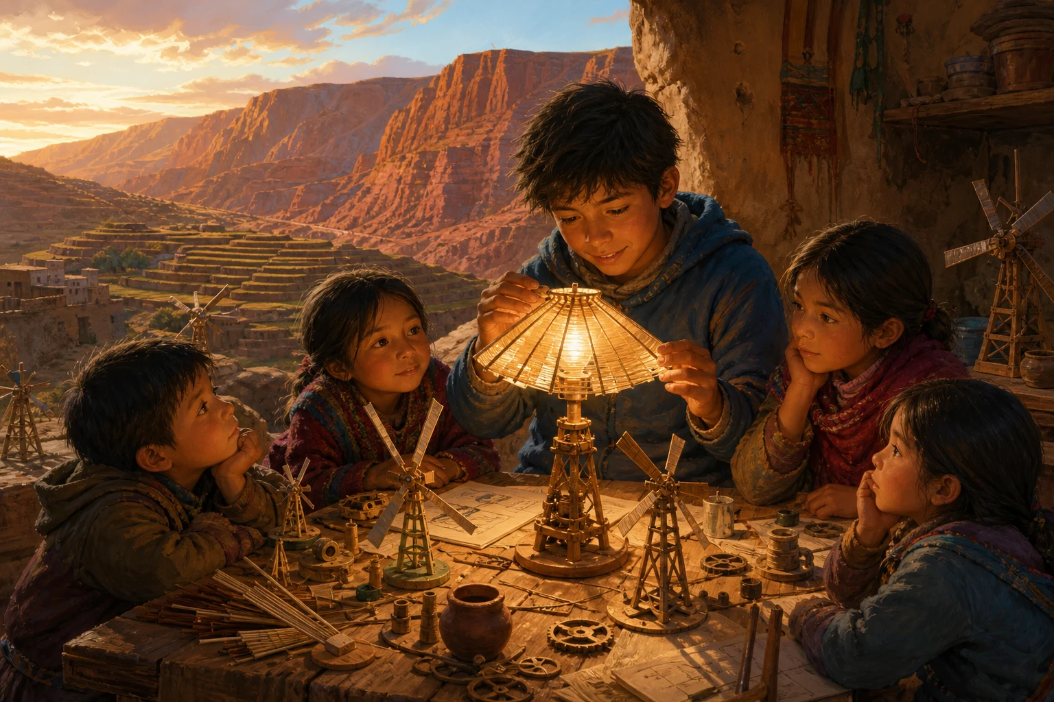 Children test handmade miniature windmills beside a glowing lamp outside an adobe shed in a high-desert settlement.