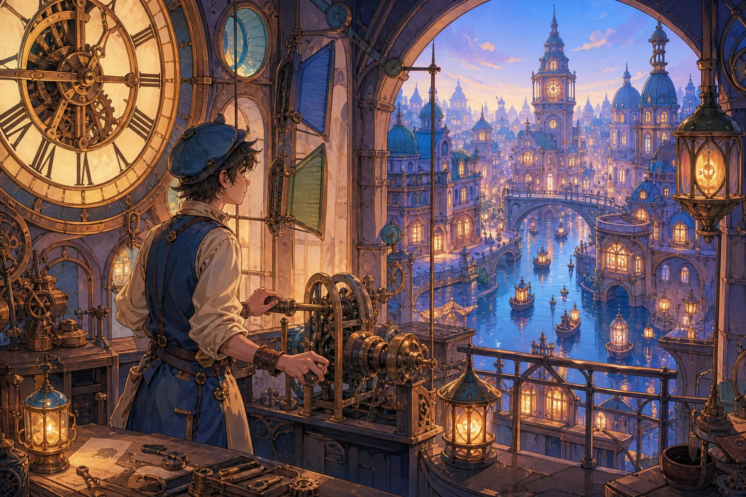 A young clockmaker watches lanterns move through a canal city guided by colored shutters and community signals.