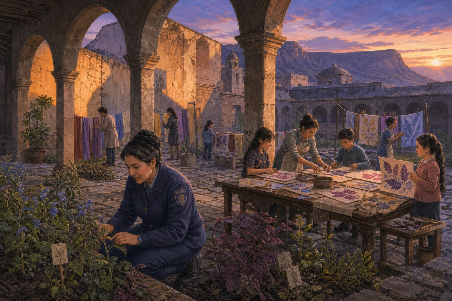 A museum guard and neighbors make natural-color prints beside a twilight dye garden.