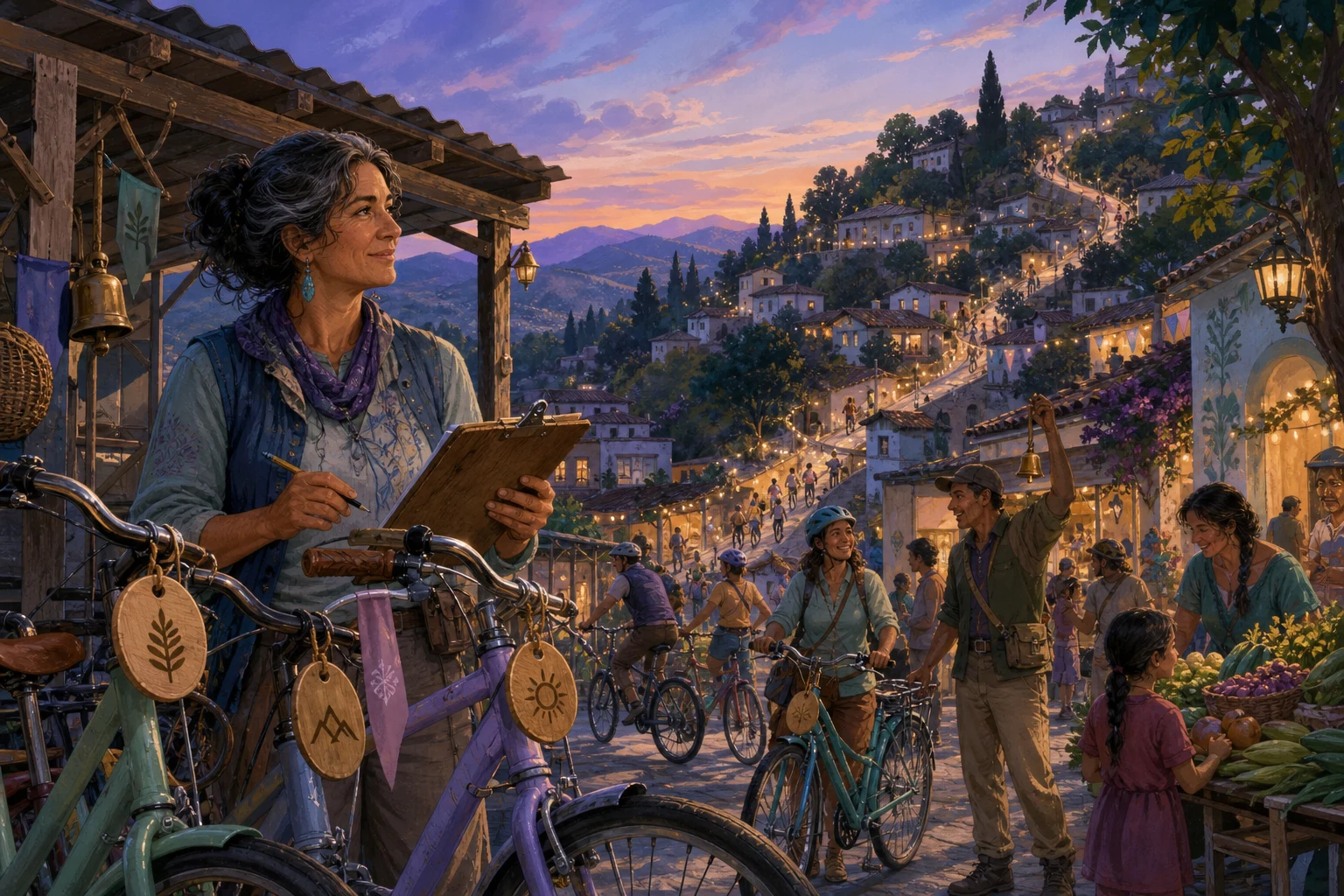 A route planner watches festival riders coordinate through simple bicycle signals on a sunlit hillside street.