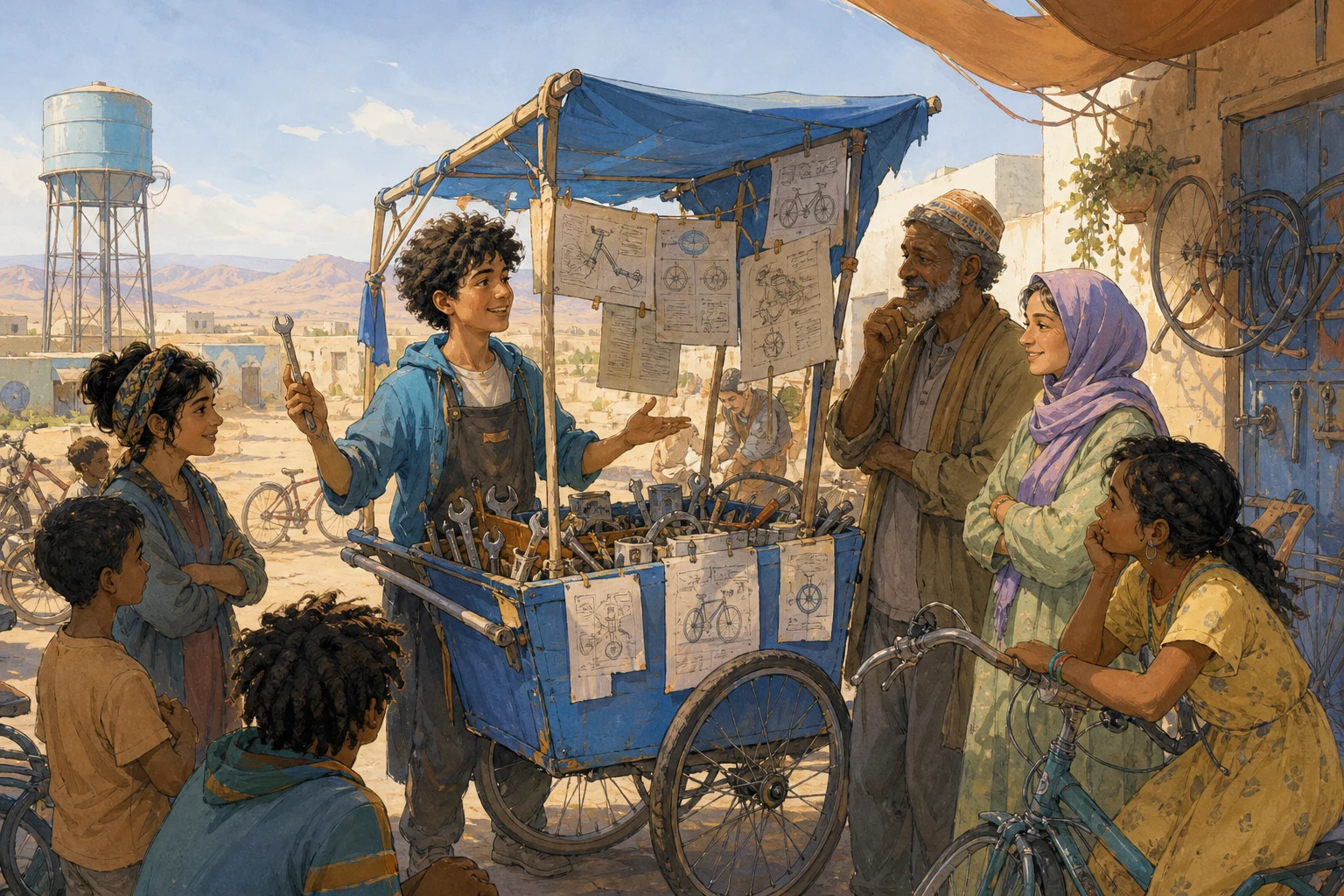 A teenage mechanic shares illustrated repair guides from a blue traveling cart at a desert market.