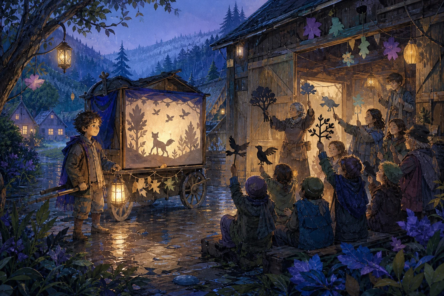 A puppet-maker and villagers create a glowing shadow theater together from handmade paper silhouettes.