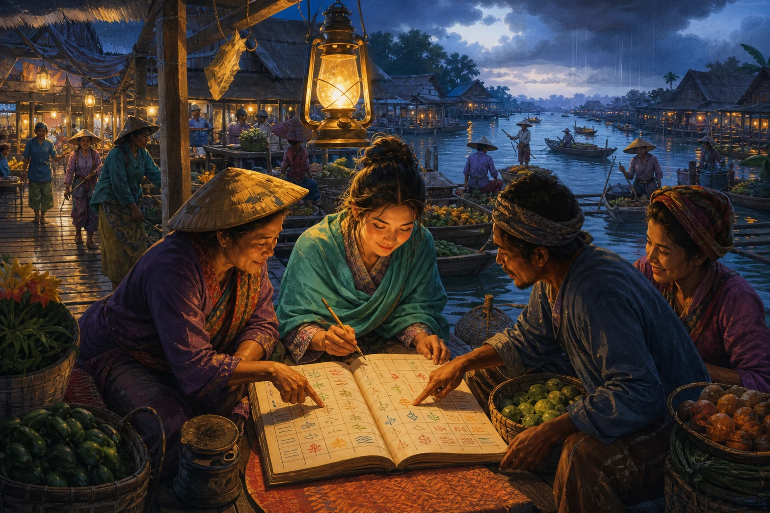 A young bookkeeper and market vendors use simple symbols in a shared ledger beneath a lantern at a riverside night market.
