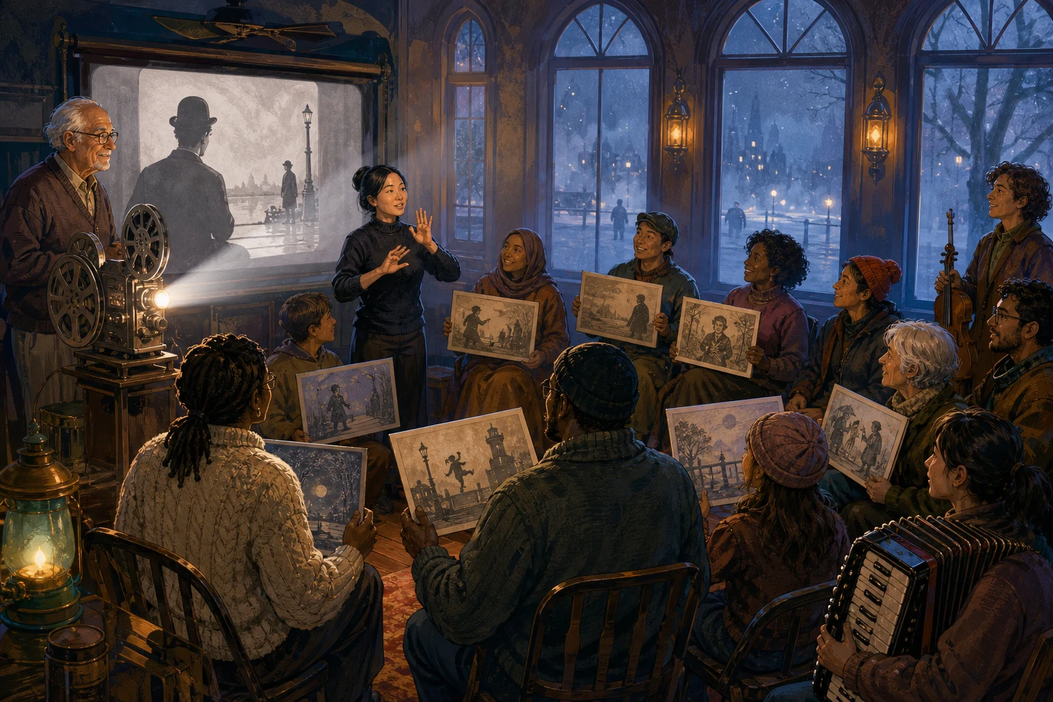 An elderly projectionist and a diverse audience share an improvised silent film night in a warmly lit neighborhood hall.