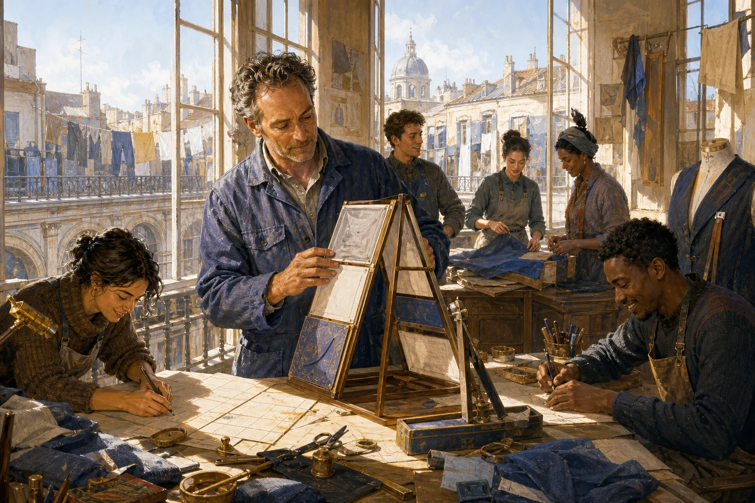 Soren and apprentices collaborate around drafting tables in a bright workshop above a tailoring arcade.