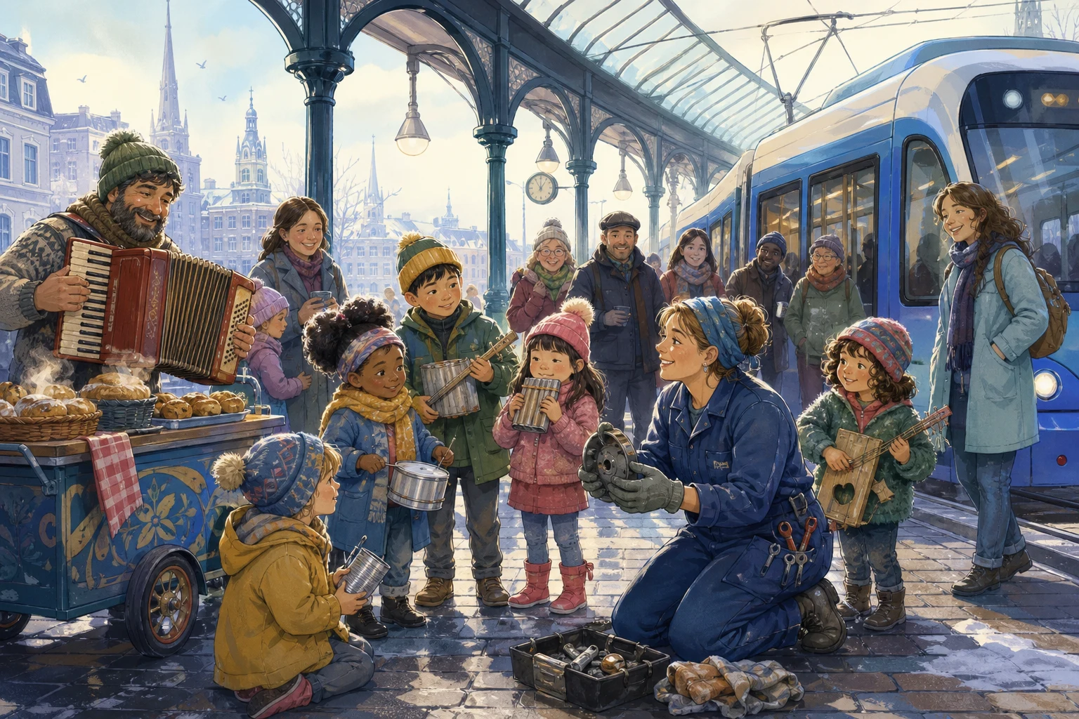 Children perform with tiny handmade instruments at a covered tram platform while a mechanic, busker, baker, and commuters join their playful composition.