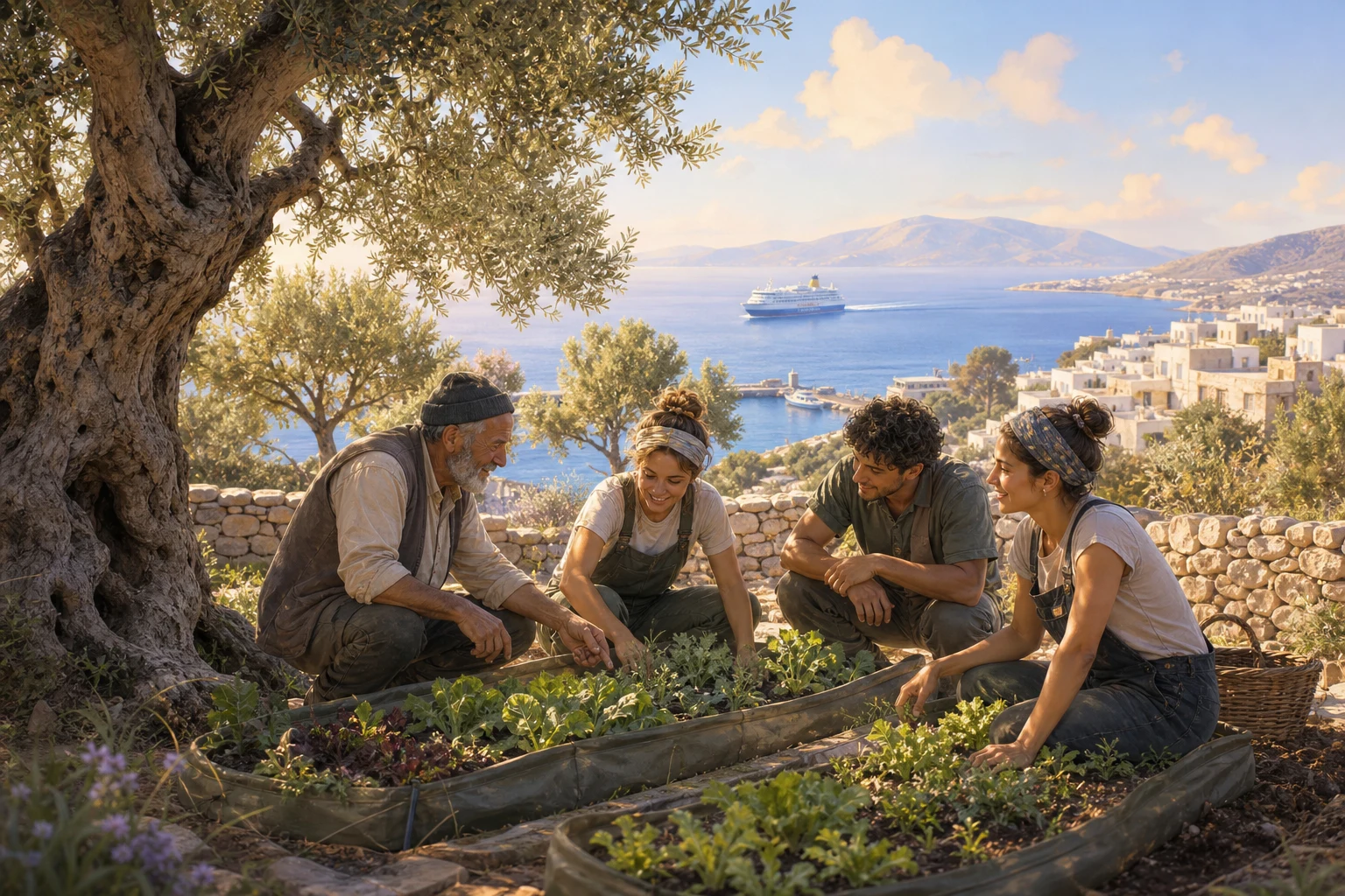 An older farmer and young workers tend newly planted vegetable beds among olive trees above a bright island harbor.