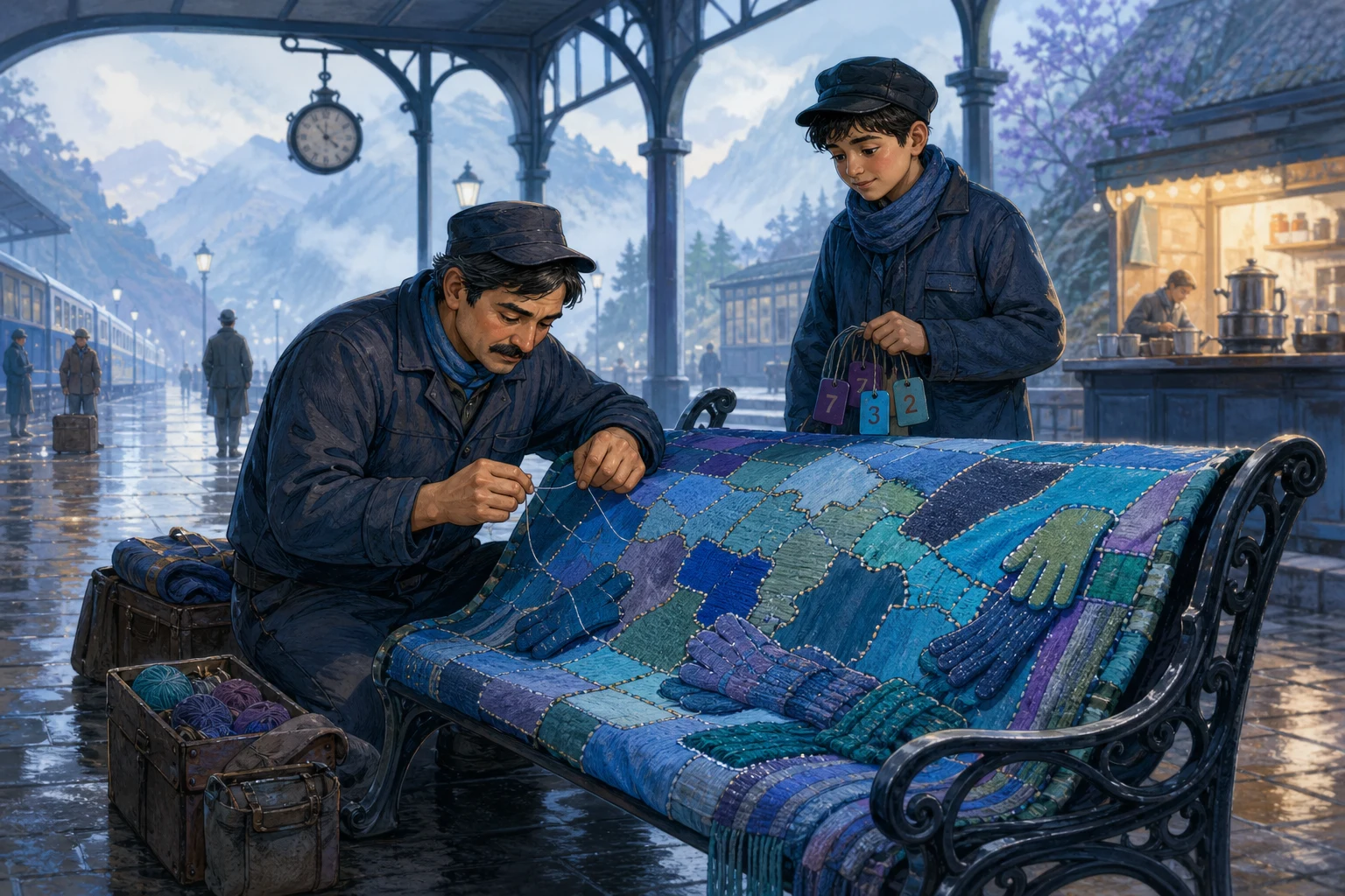 A porter and apprentice add colorful numbered fabric pieces to a patchwork bench map inside a rainy mountain station.