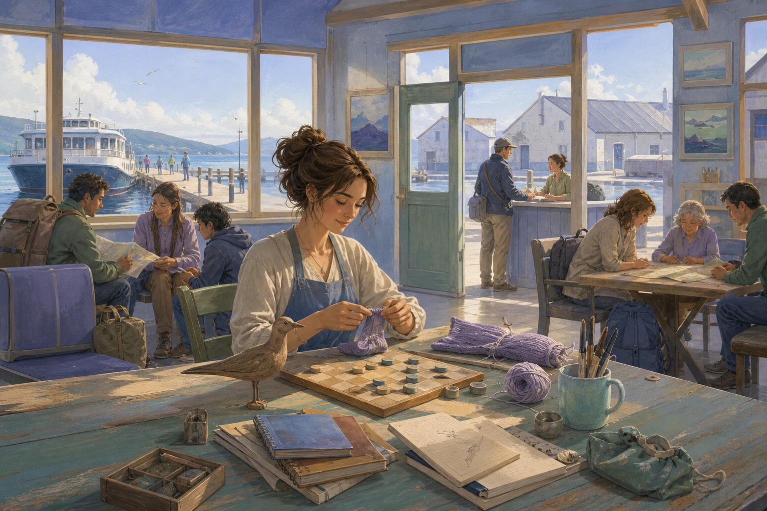 A customs clerk arranges unfinished crafts on a worktable while ferry passengers collaborate in a sunlit waiting hall.