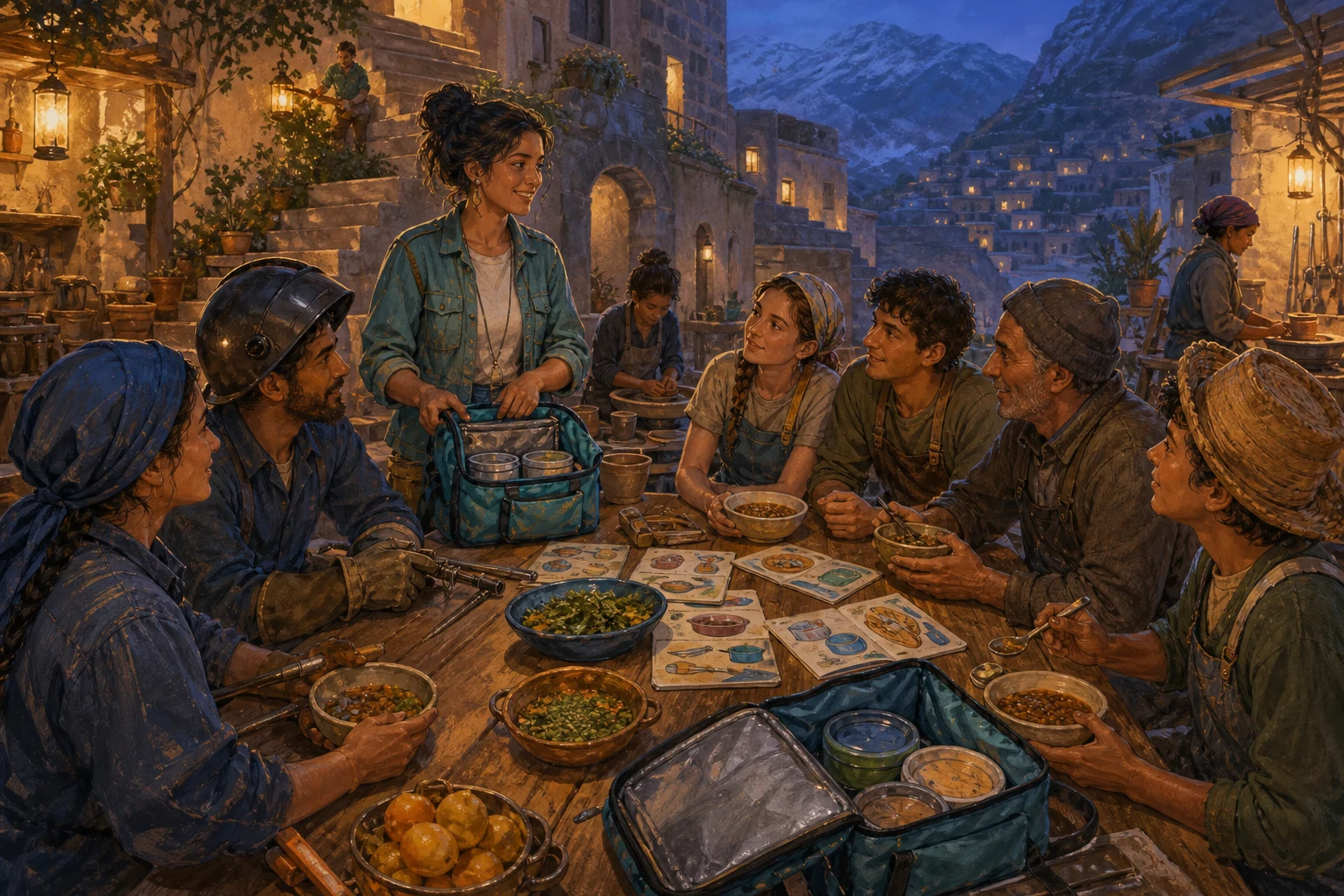 Yara and apprentices share an adaptable meal while exchanging food traditions and workshop skills around a long courtyard table.
