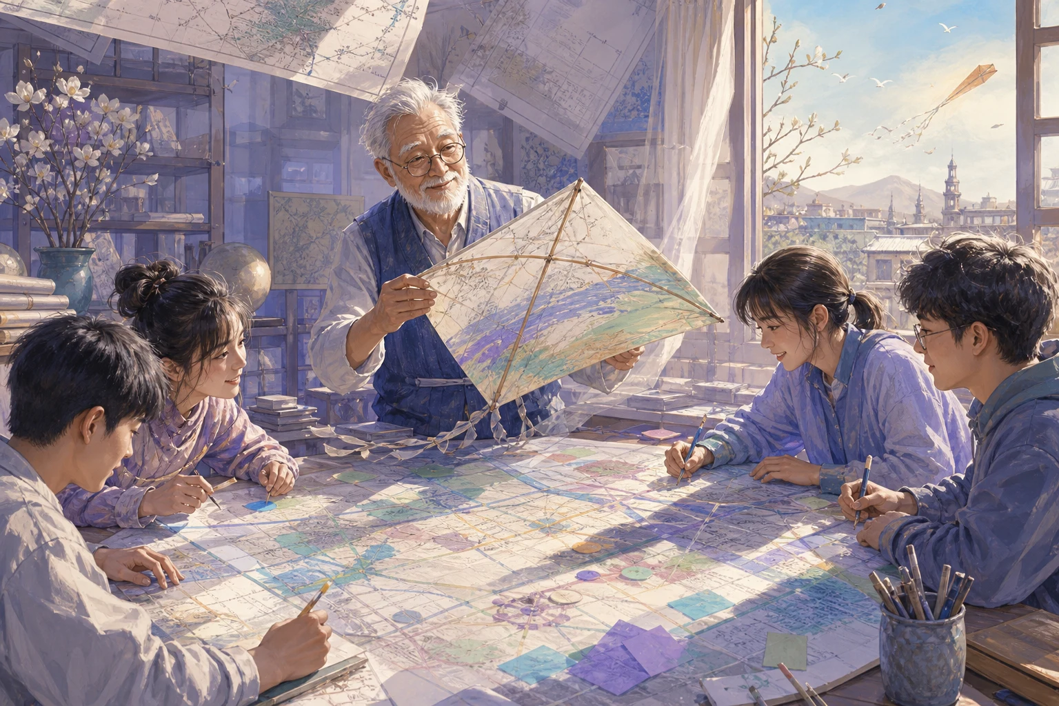 An elderly archivist and students build a layered map exhibition around a handmade kite in a bright archive loft.