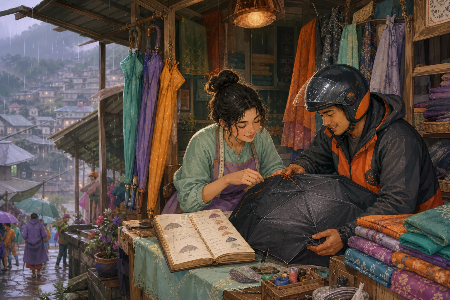 A tailor and delivery rider organize a colorful umbrella lending stall beneath a rainy covered market.