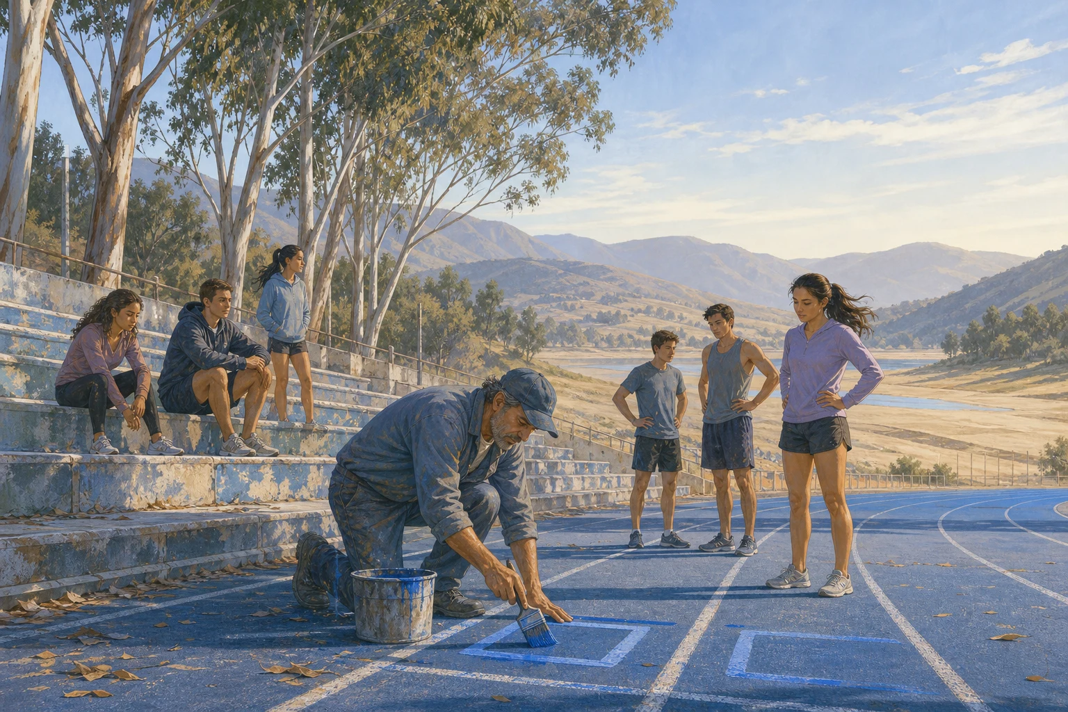 A groundskeeper paints optional blue starting marks on a track as young runners watch beside the reservoir.