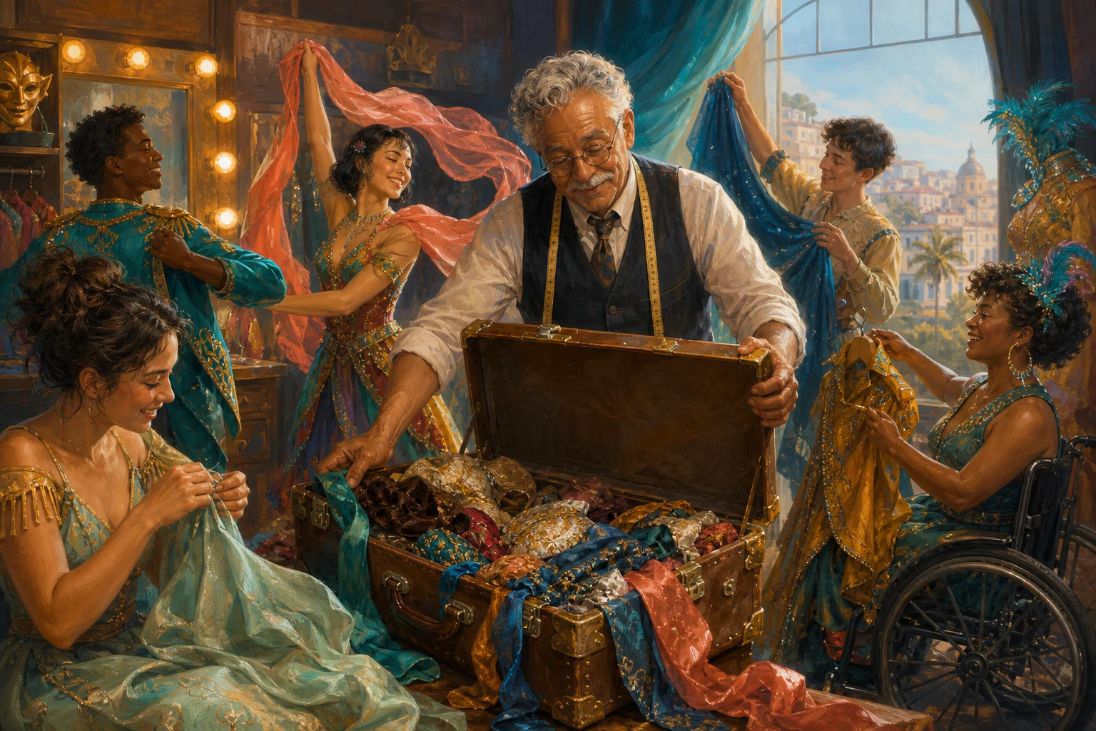 A tailor and theater performers transform a suitcase of abandoned clothing into inventive costumes.