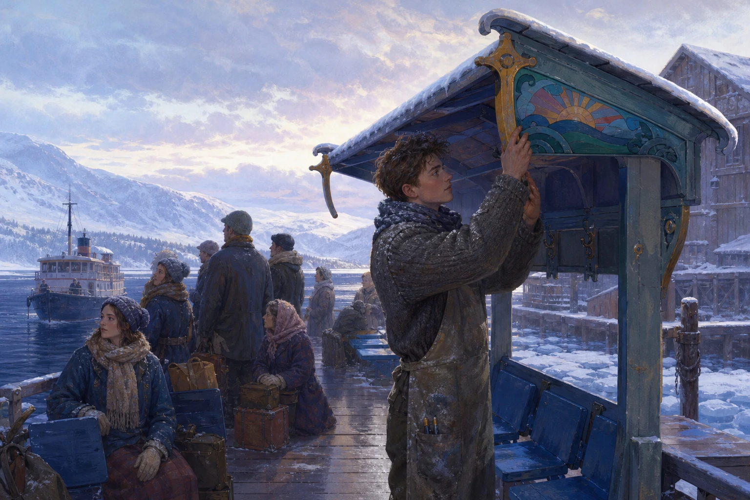 An apprentice sign painter improves a snowy ferry shelter so passengers can share space more easily.