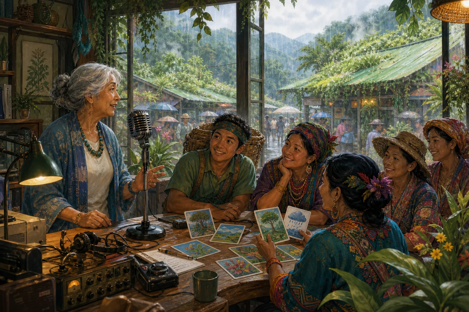 An older radio host gives the microphone to market vendors and a young porter during a rainy afternoon broadcast.