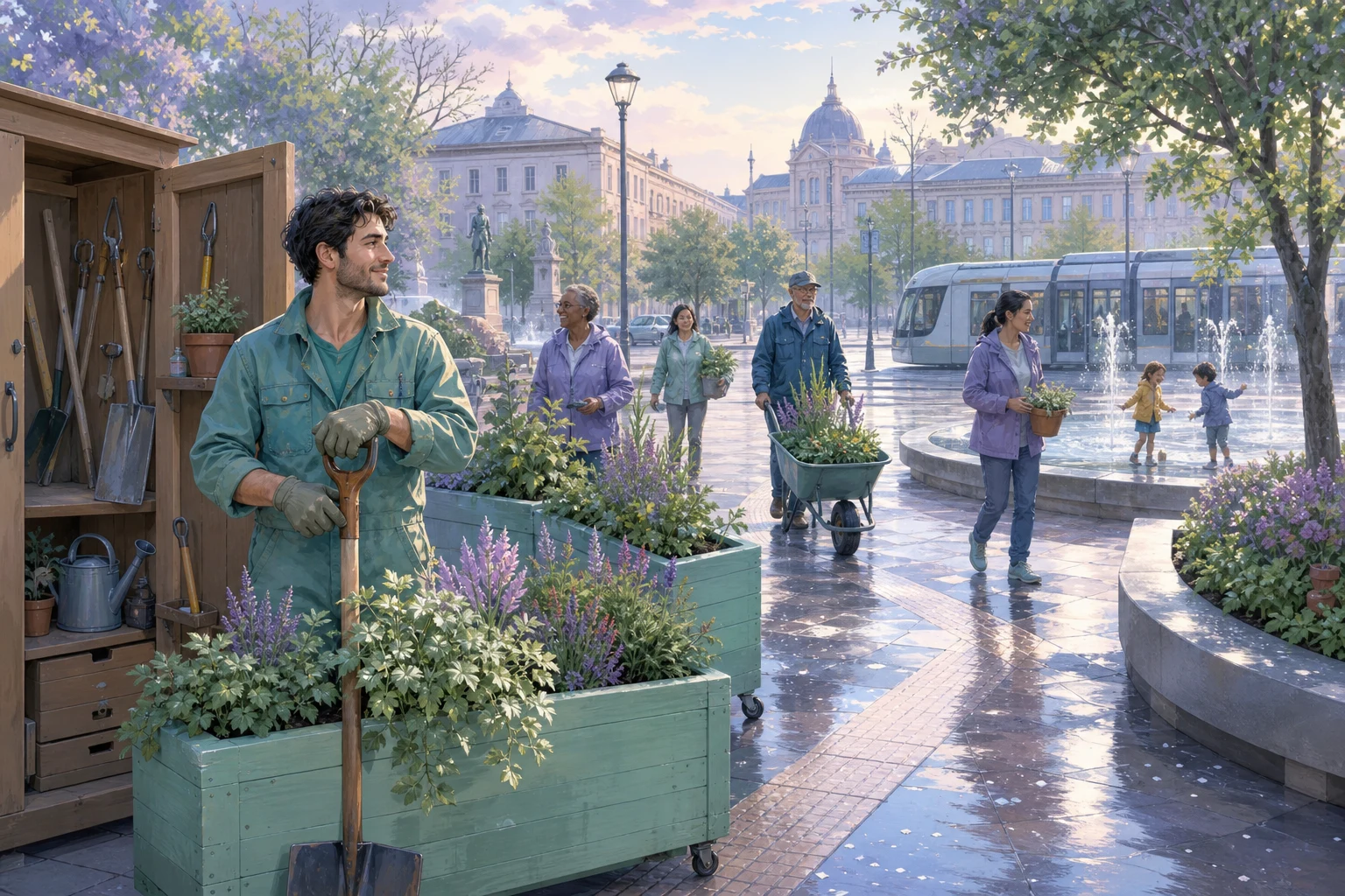 A groundskeeper and neighbors reshape a rain-washed public courtyard with movable planters and accessible paths.