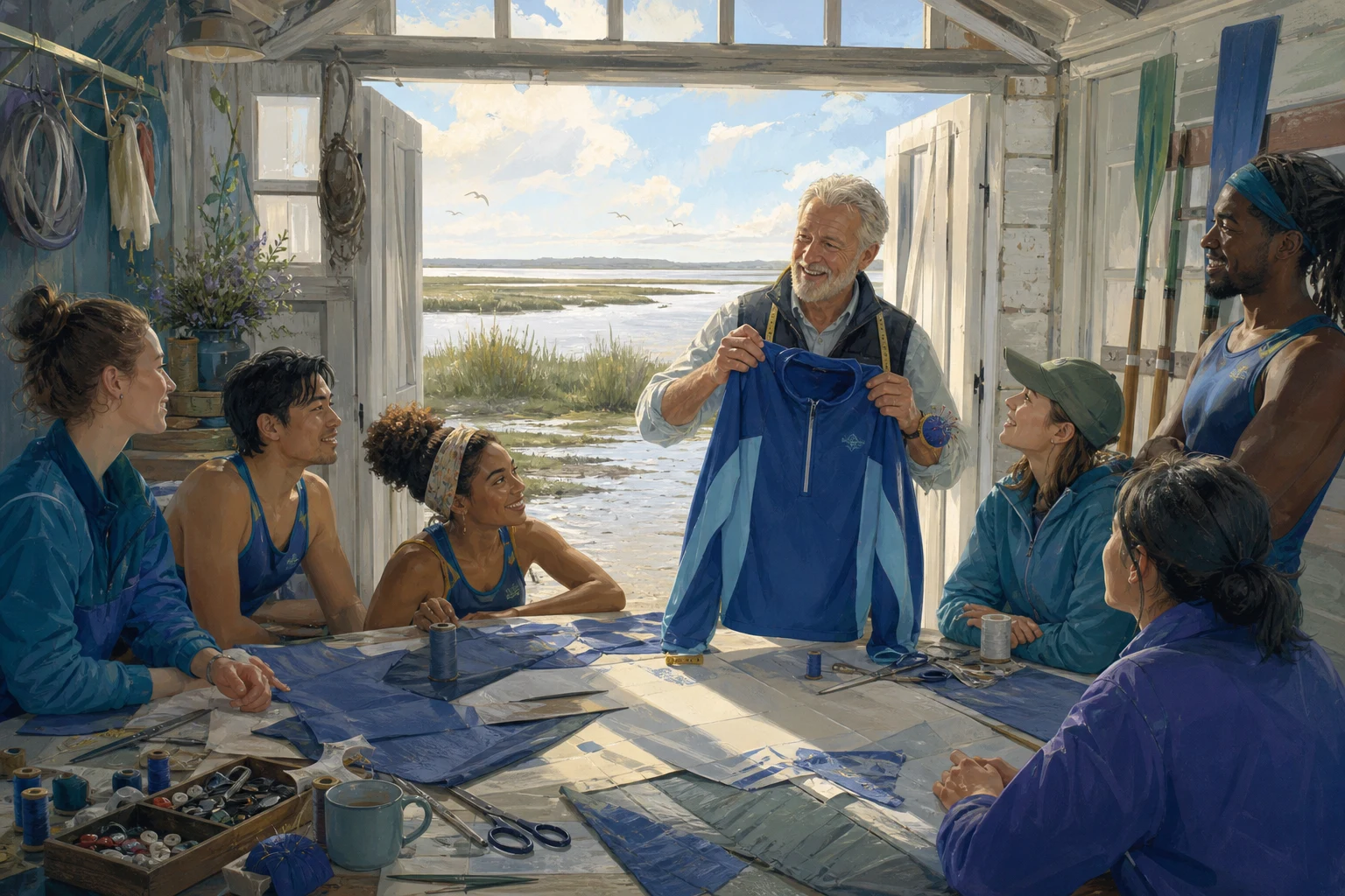 An older tailor and rowing club members test adaptable blue uniforms in a sunlit coastal workshop.