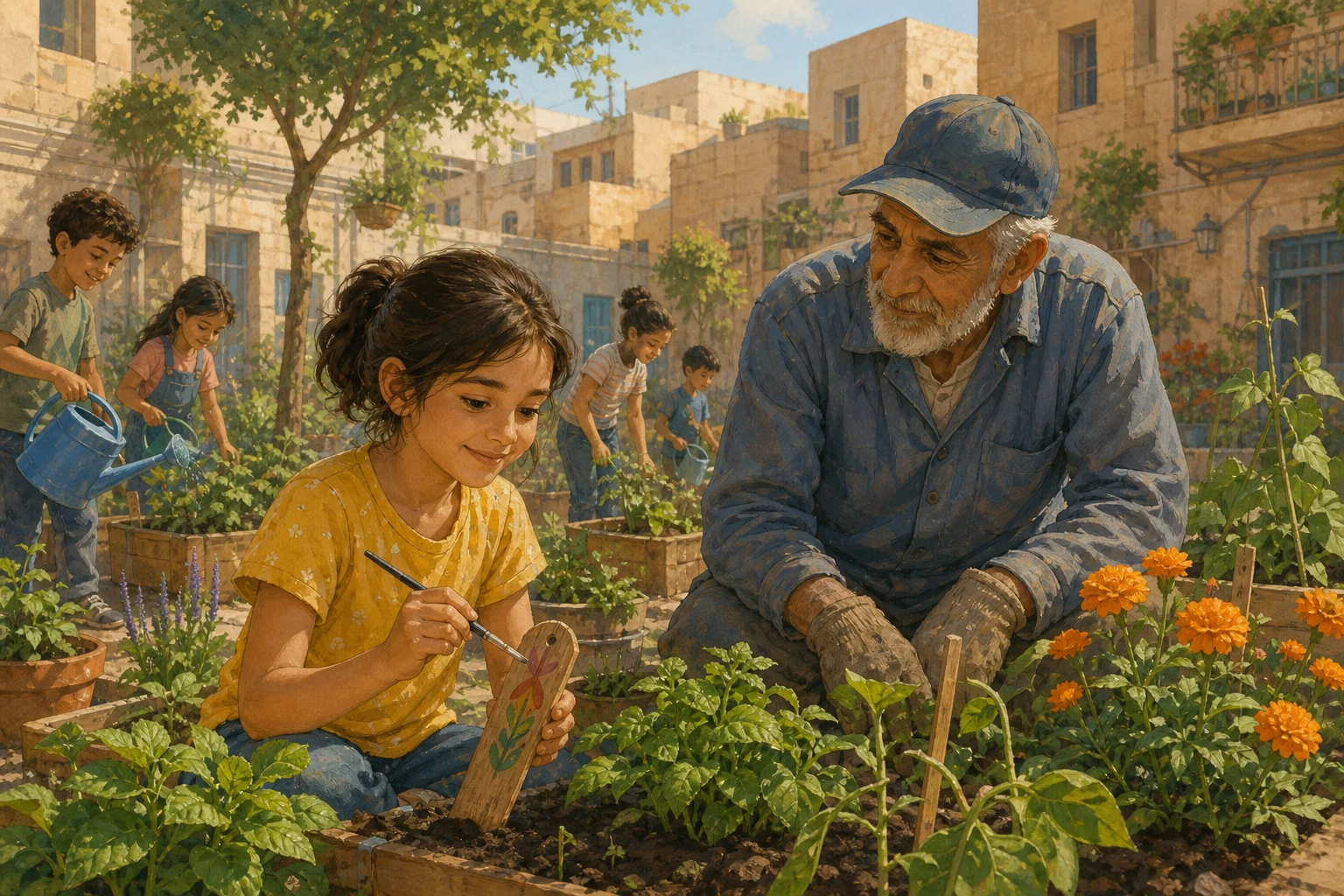 A child and a groundskeeper tend a shared garden in a sunny apartment courtyard.
