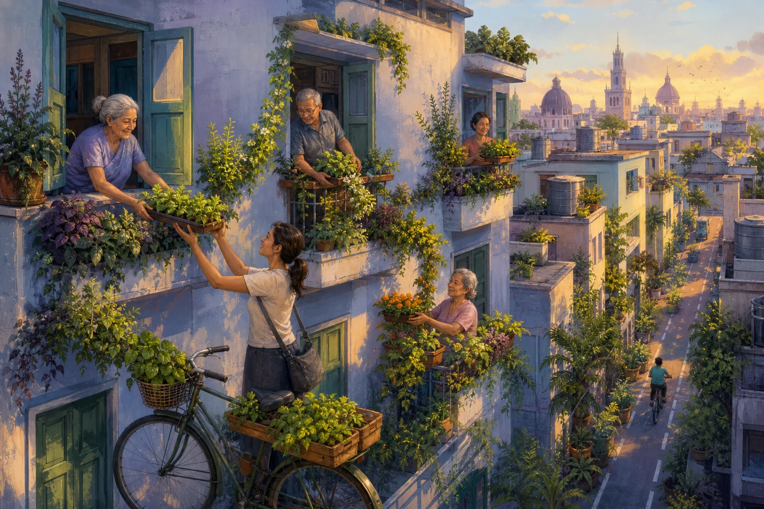 Residents exchange herbs and flowers between green-filled apartment balconies while a caretaker and bicycle courier organize the route.