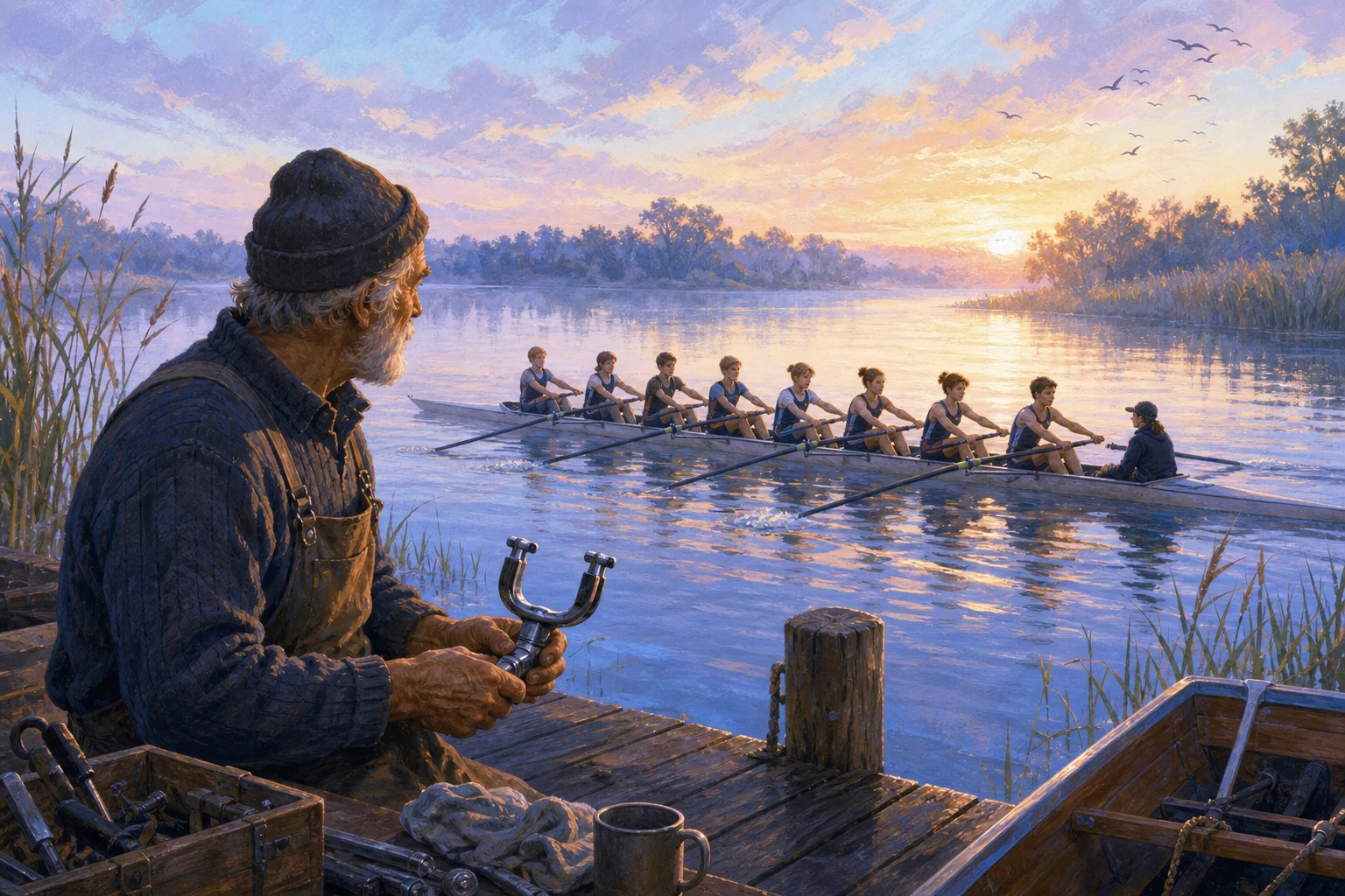 A youth rowing crew moves in unison across a calm lake while a retired boatbuilder watches from the dock.