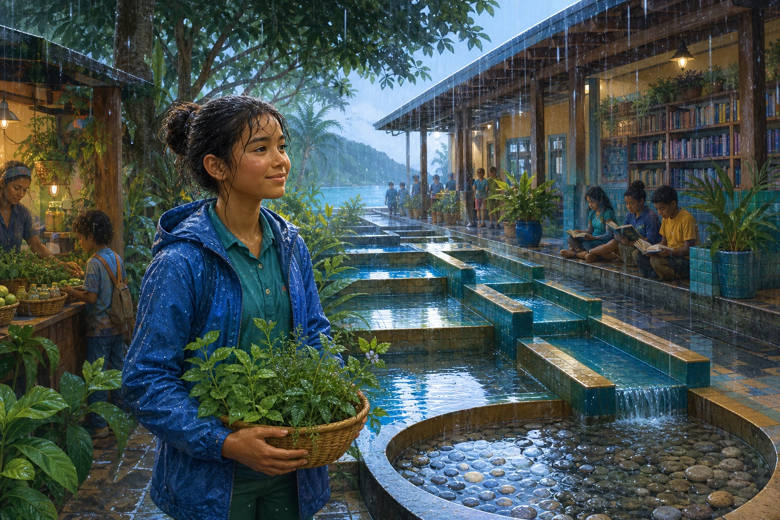 A teenage apprentice listens beside a stepped rain garden as children read in a library courtyard during a tropical storm.