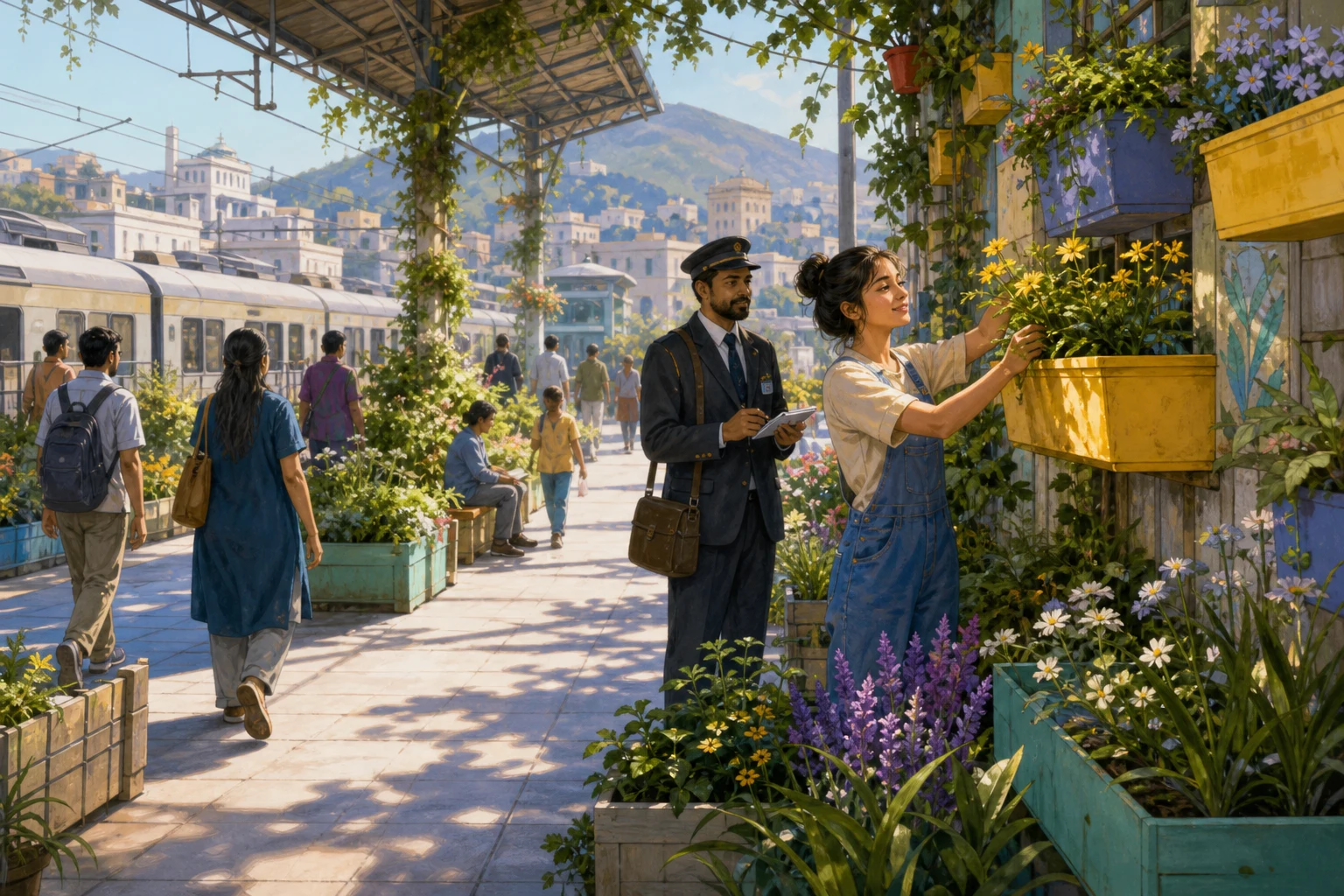 A station gardener and ticket inspector tend a welcoming garden along a busy railway platform.