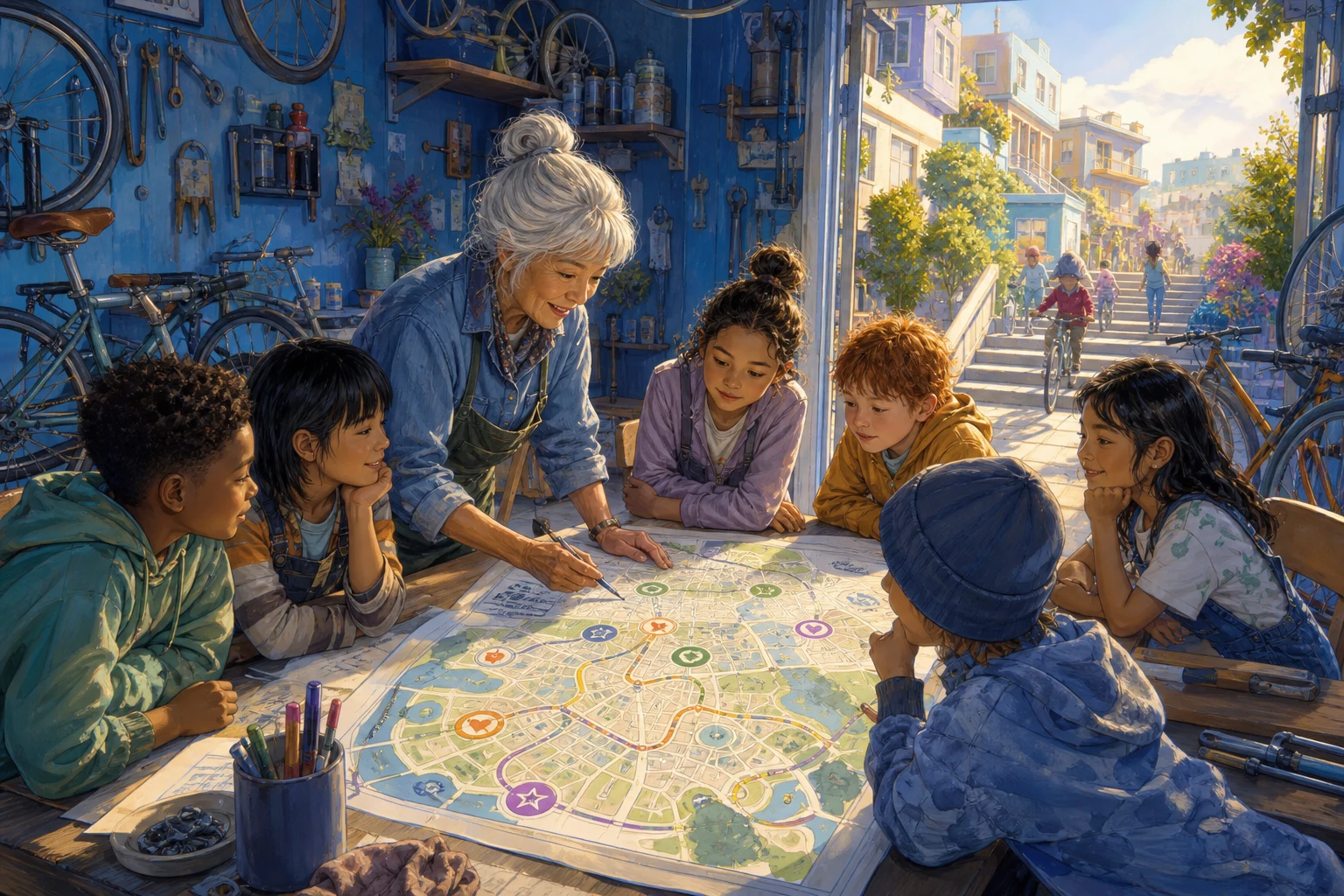 A retired bicycle mechanic and children plan welcoming cycling routes around a large colorful map.