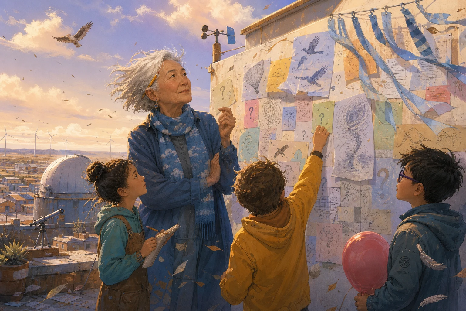 A retired weather announcer and children display a wall of unanswered science questions beneath an observatory dome.