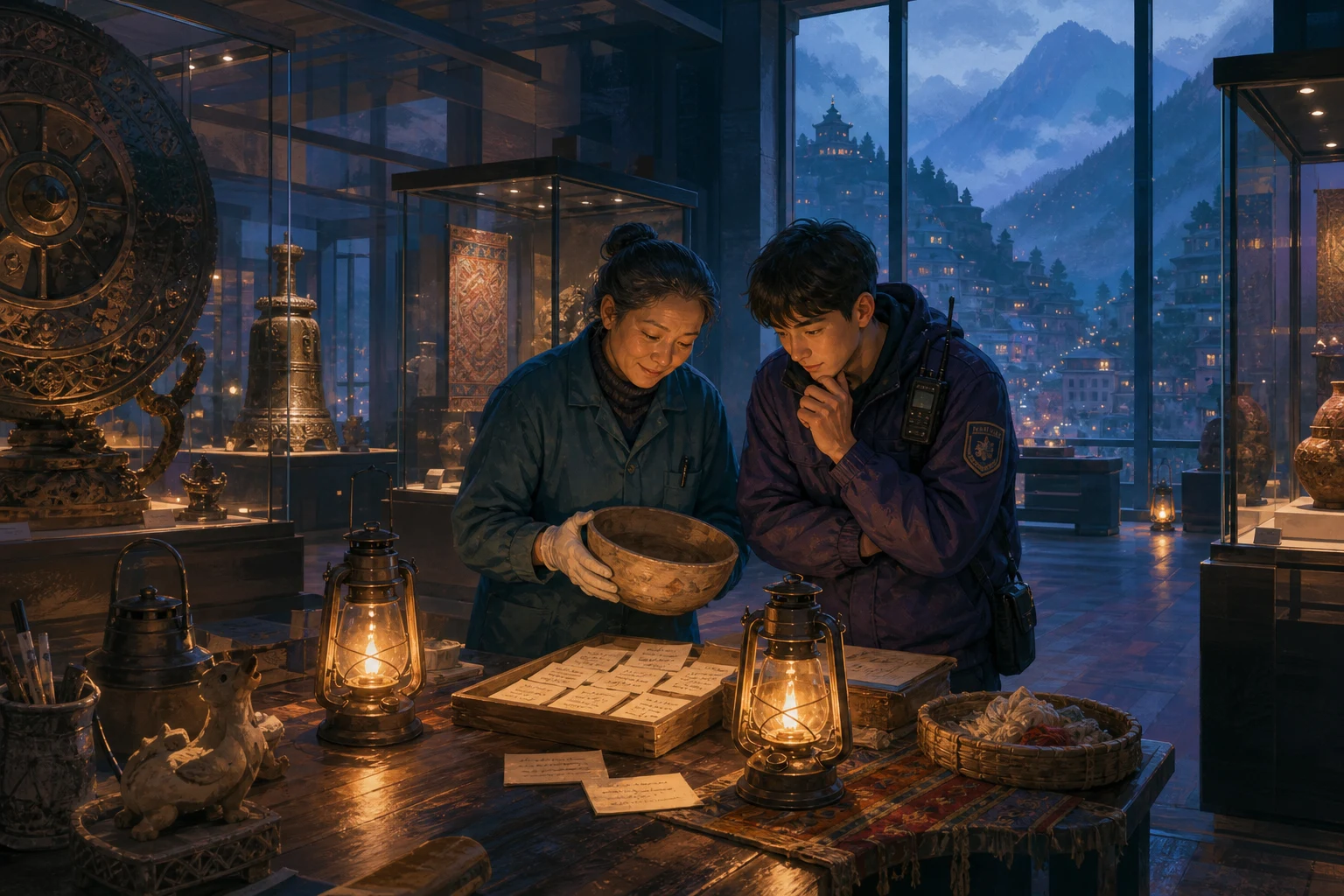 A museum custodian and teenage guard study community objects by lantern light after closing.