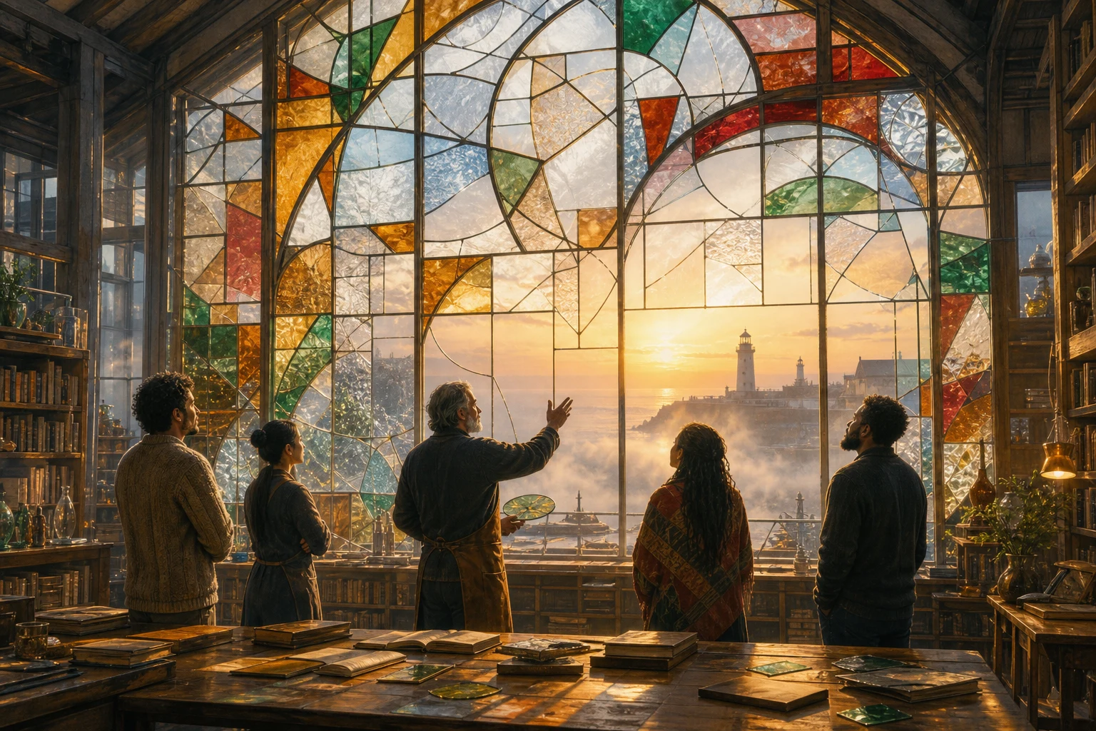 A glass artist and apprentices admire their colorful handmade harbor window as morning light fills a library.