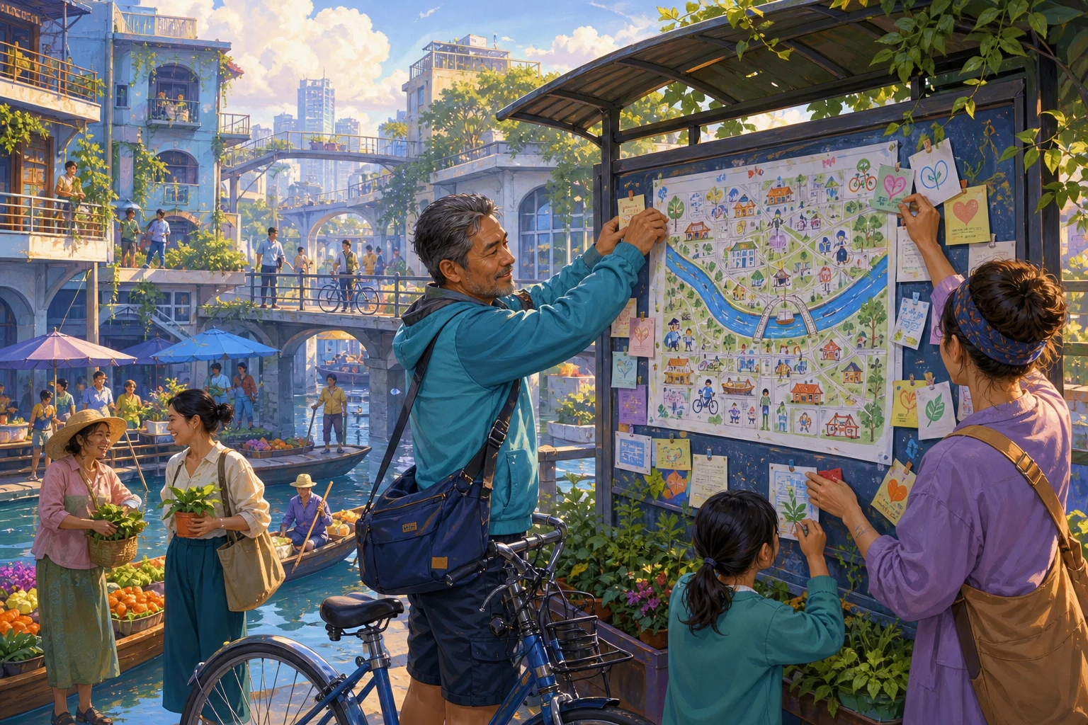 A bicycle courier and neighbors add helpful services to a colorful community map beside a riverside market.