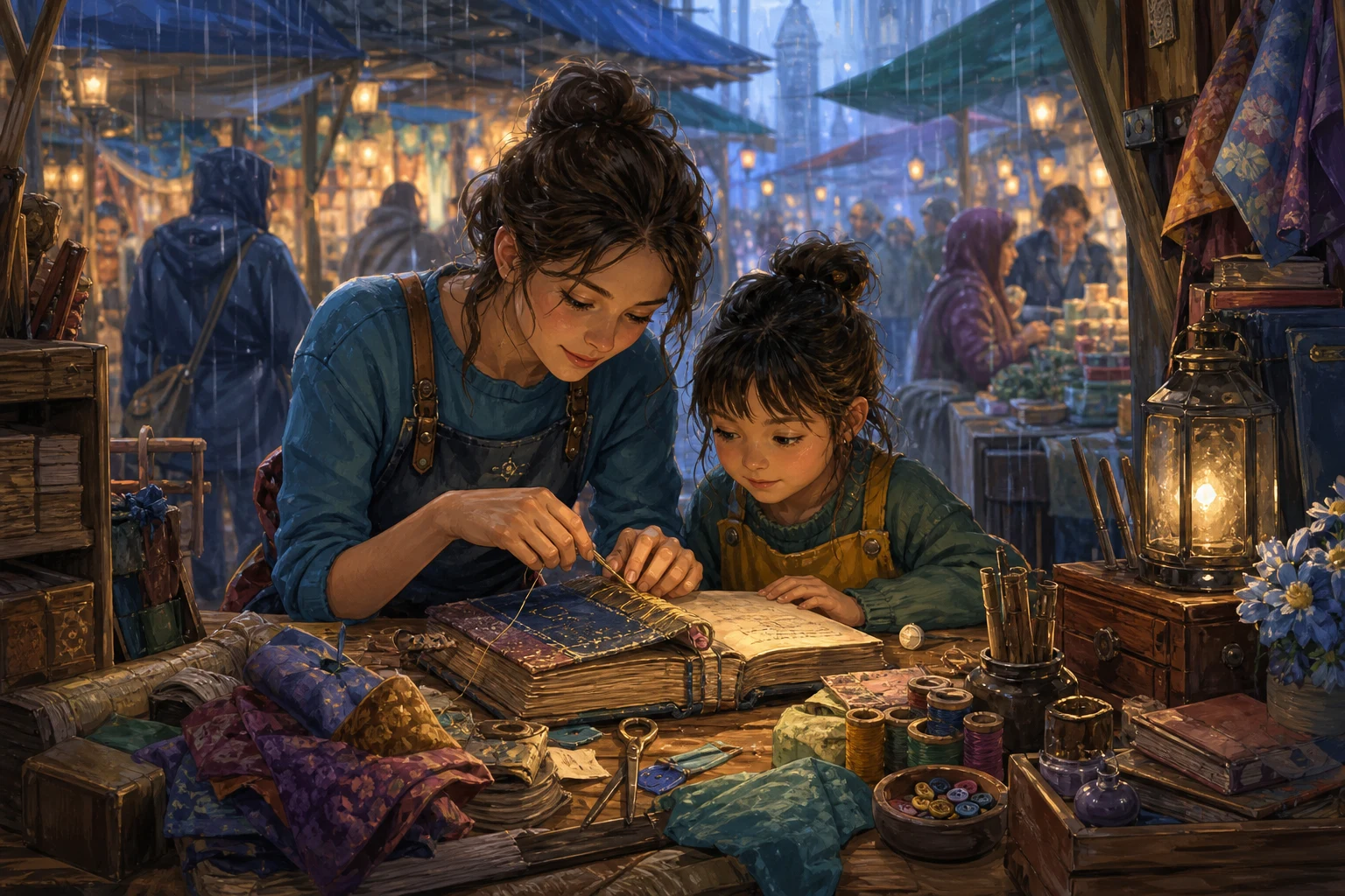 A bookbinder patiently helps a child repair a treasured family recipe book at a busy covered market stall.