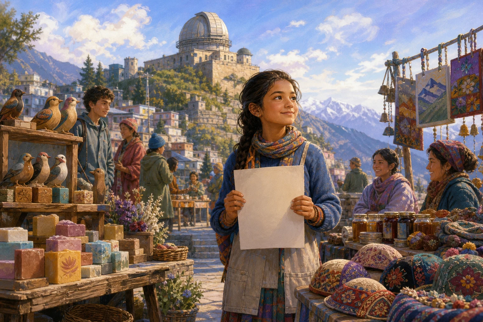 A teenage market organizer stands among colorful artisan stalls beneath an old observatory, holding a blank sheet as vendors share space.