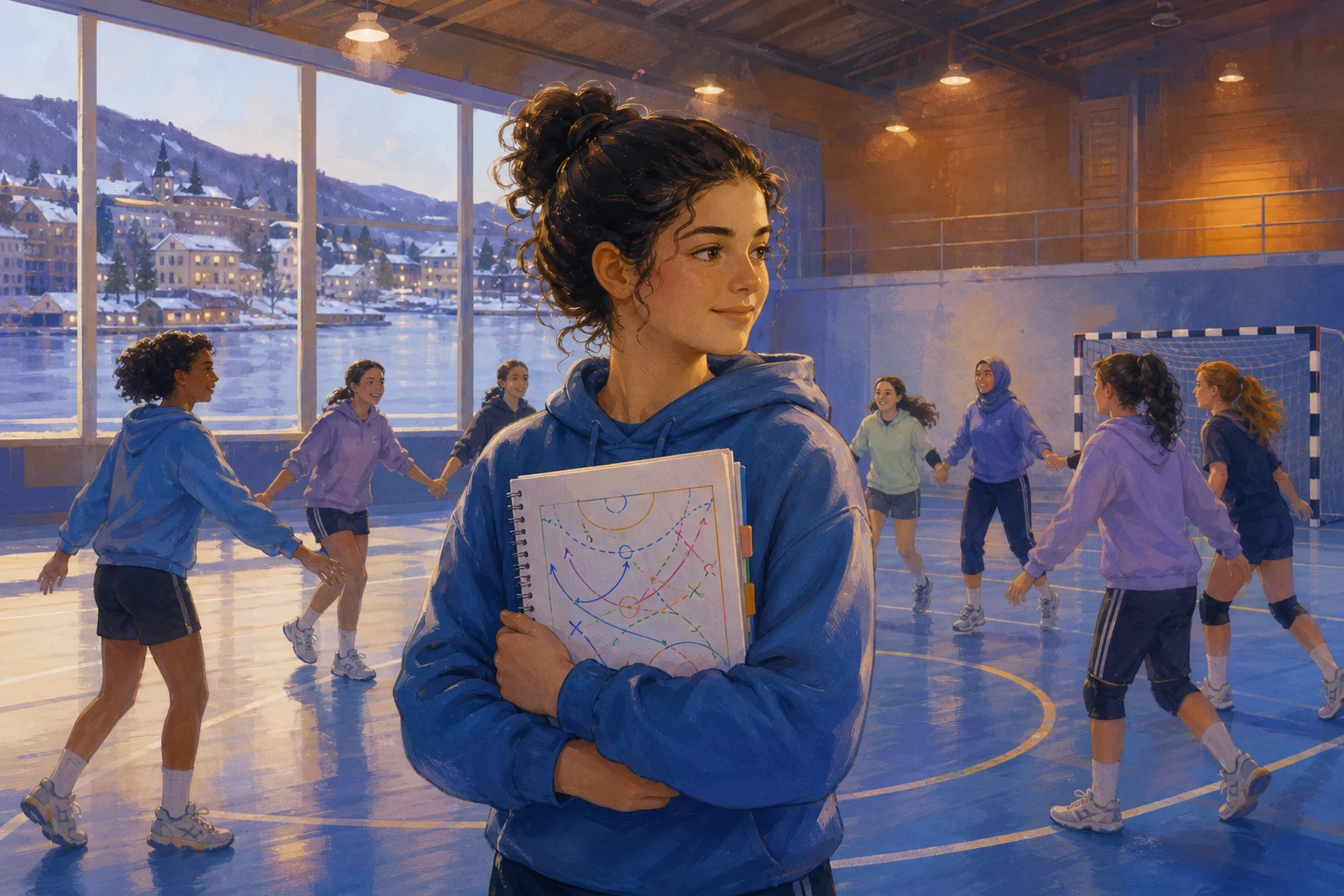 A teenage handball player holds a notebook of court diagrams as her teammates practice an inclusive formation in a warmly lit gym.