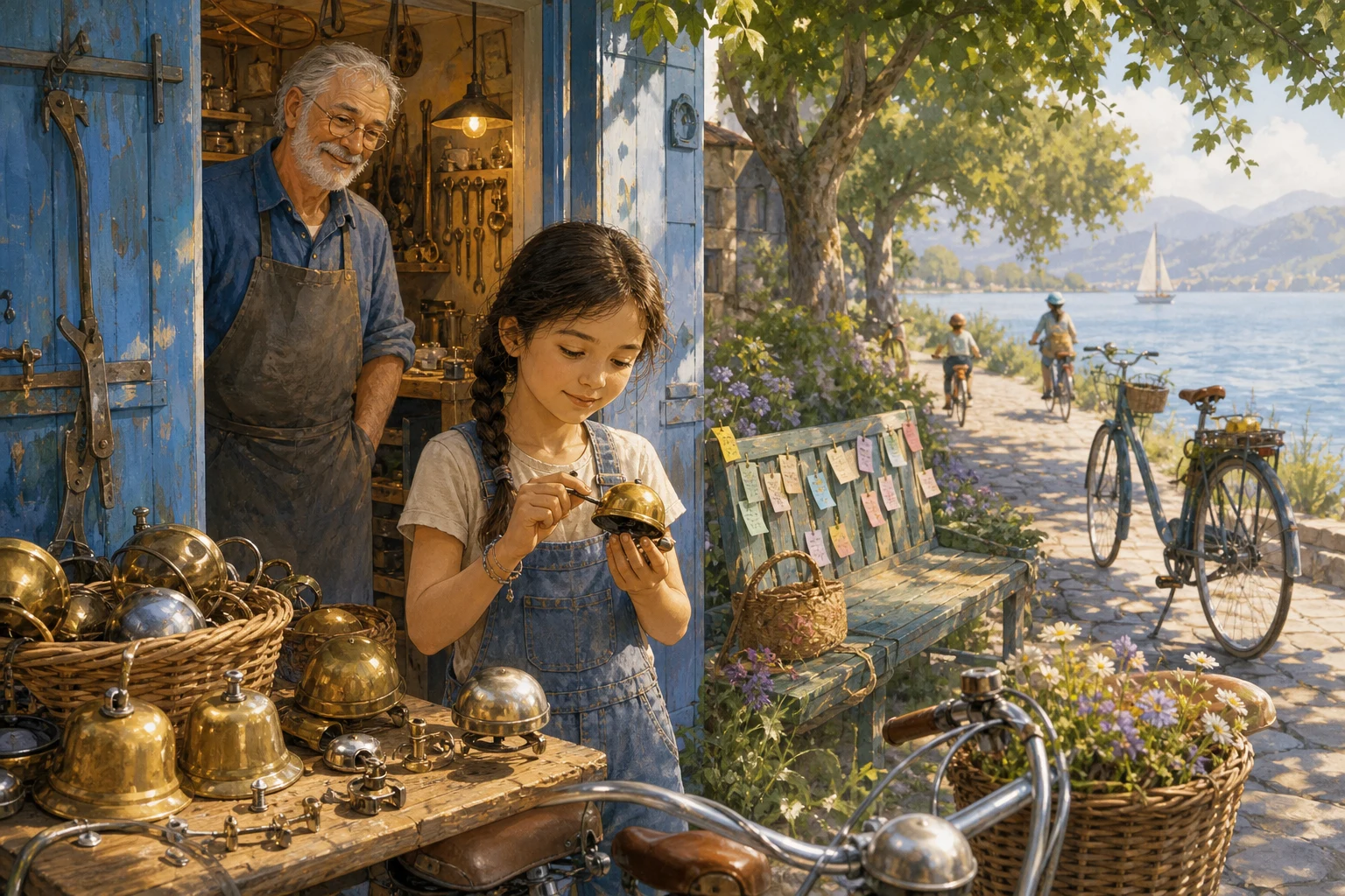 A girl tests handmade bicycle bells beside a lakeside listening bench while her grandfather watches from his workshop.