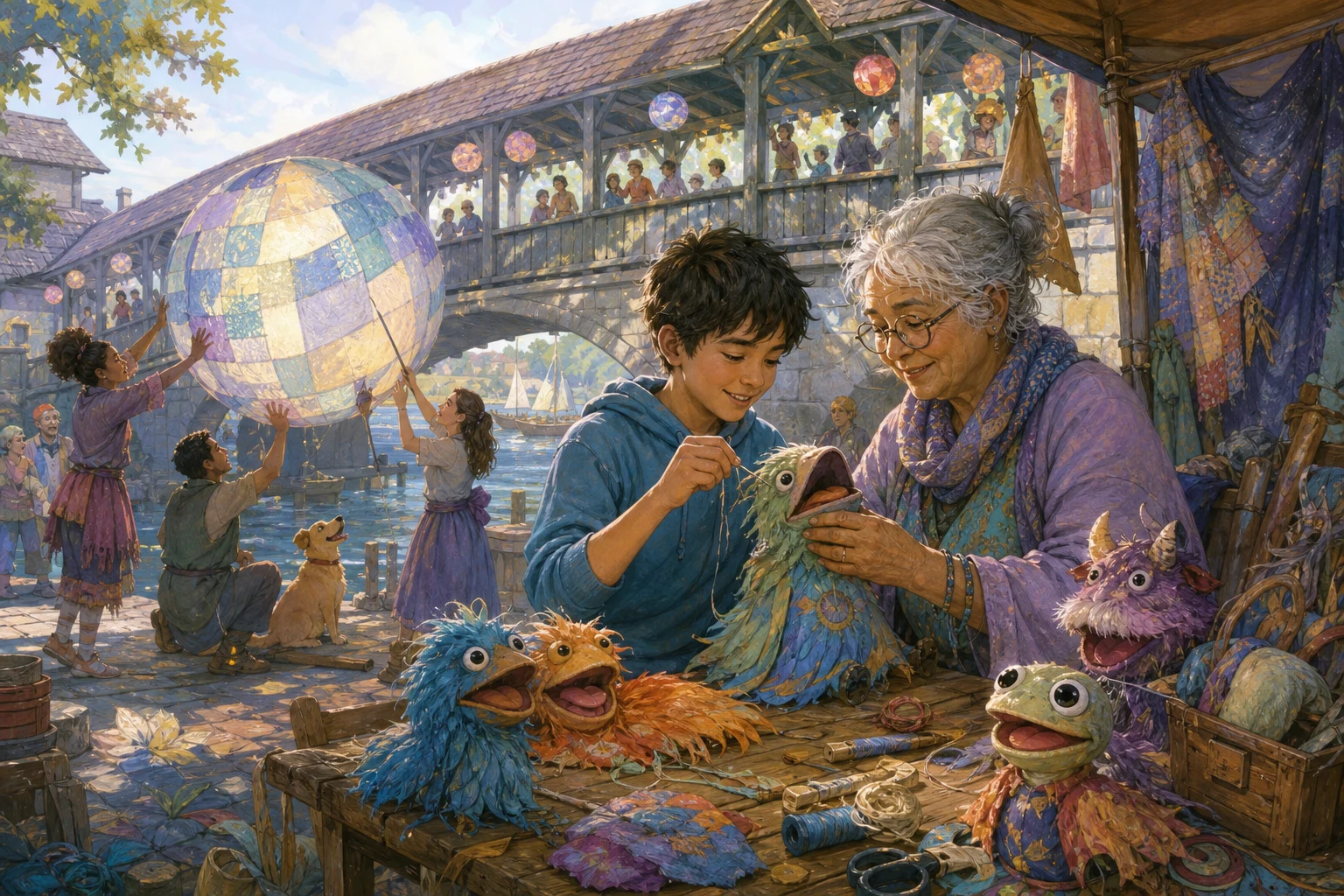 A boy, his grandmother, and theater performers repair colorful puppets together beneath a lakeside bridge.