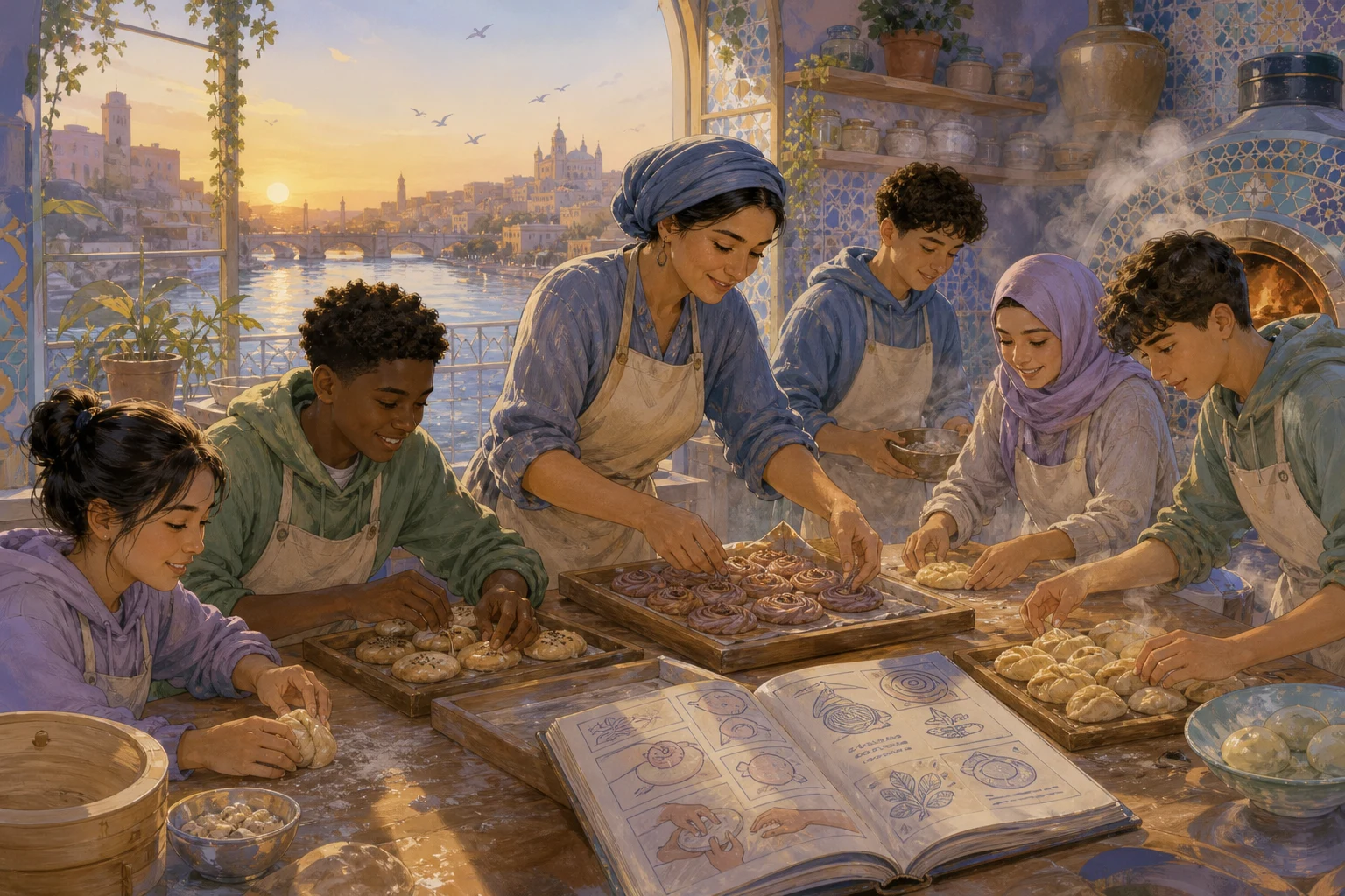 Noor and her students prepare a shared breakfast of handmade pastries in a sunlit bakery.
