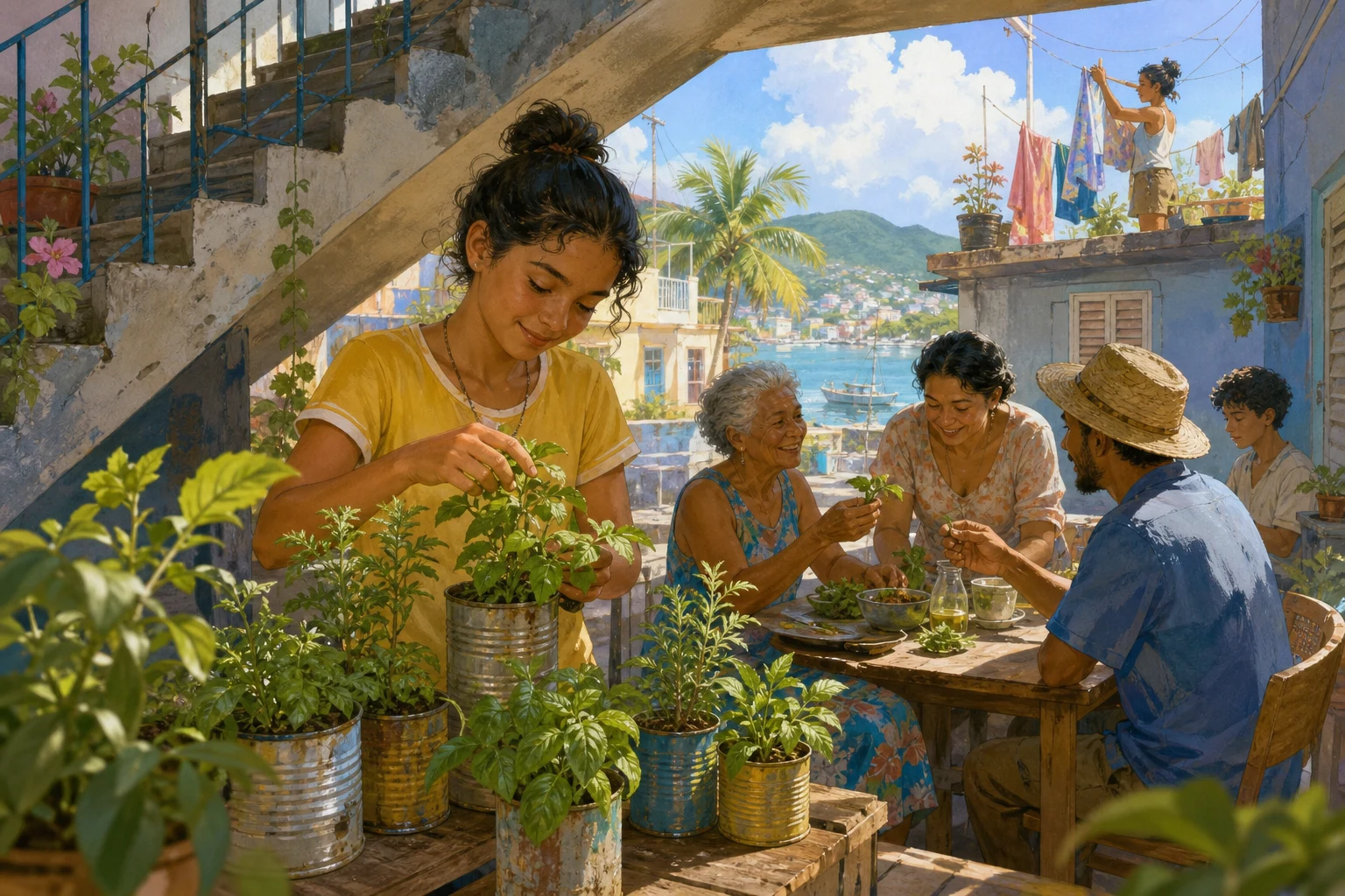 A teenage gardener shares recycled-tin herb plants with neighbors beneath an apartment stairwell.