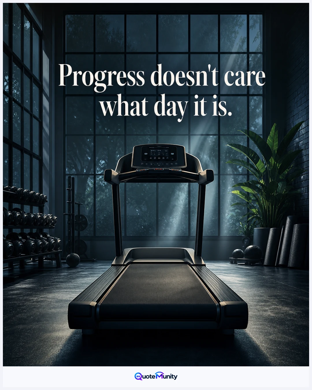 A solitary treadmill in a dark gym symbolizes disciplined progress continuing regardless of weekdays, weekends, or mood.