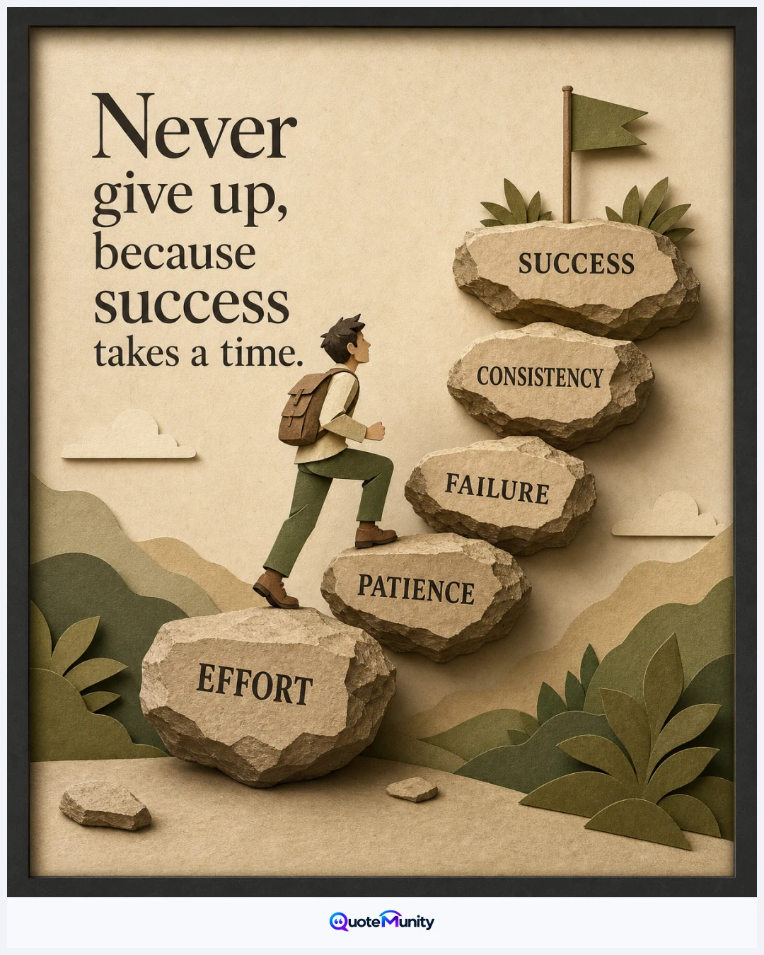 Persistence and patience create a step-by-step path from effort and failure toward success.